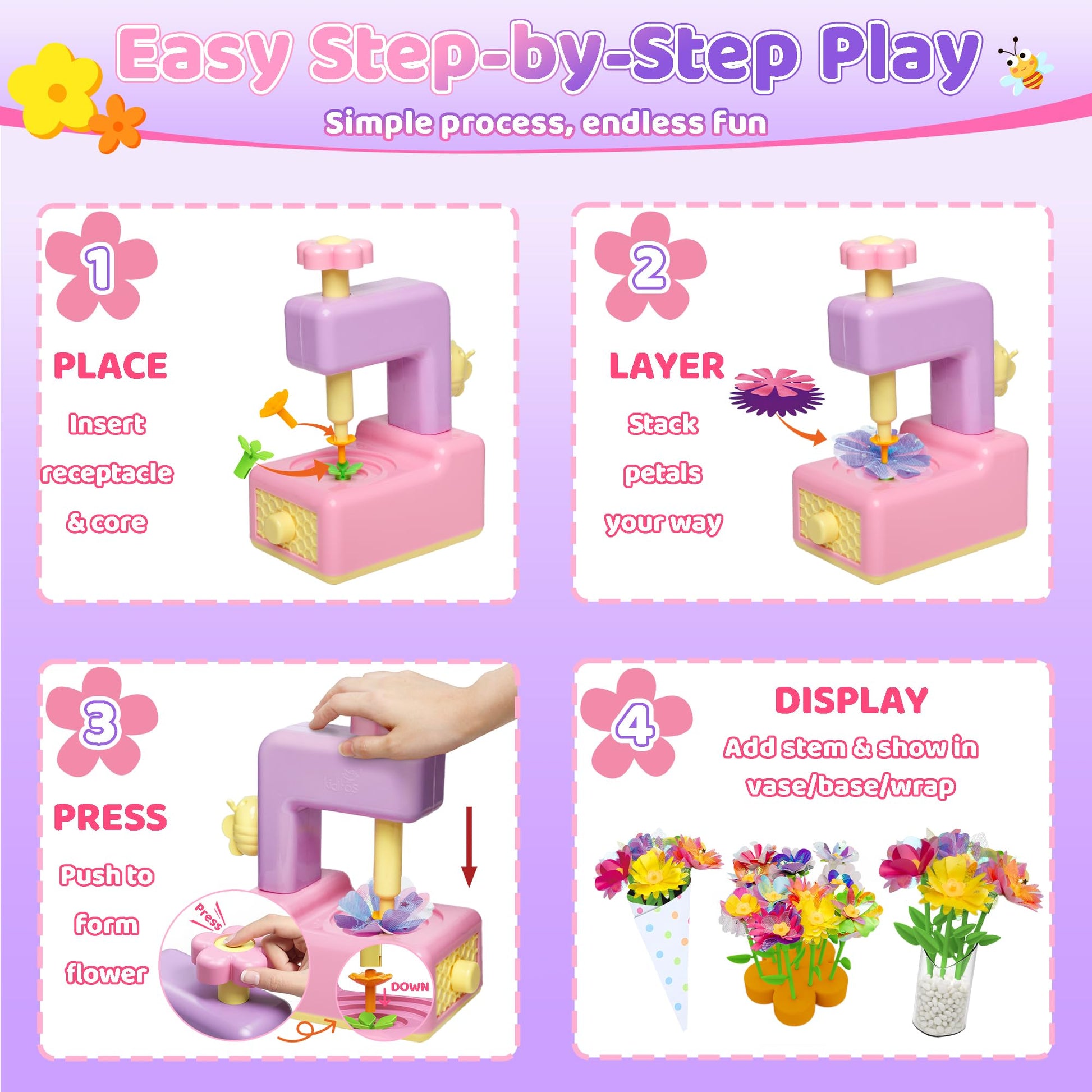 Kiditos Flower Making Kit for Kids DIY Bouquet - Flower Toy Craft Kits Toys for 4 5 6 7 8 Year Old Girls & Educational Cards, Arts and Crafts Birthday
