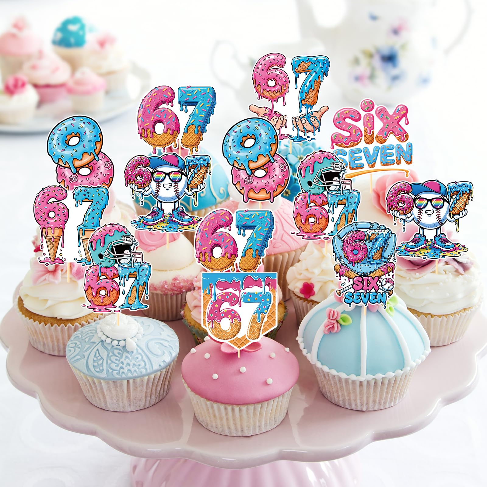 Musaeva 6 7 Birthday Decorations - 36 Pcs 67 Meme Birthday Theme Party Cupcake Toppers Decor, Ice Cream Drip Baseball Cup Cake Toppers Party Supplies
