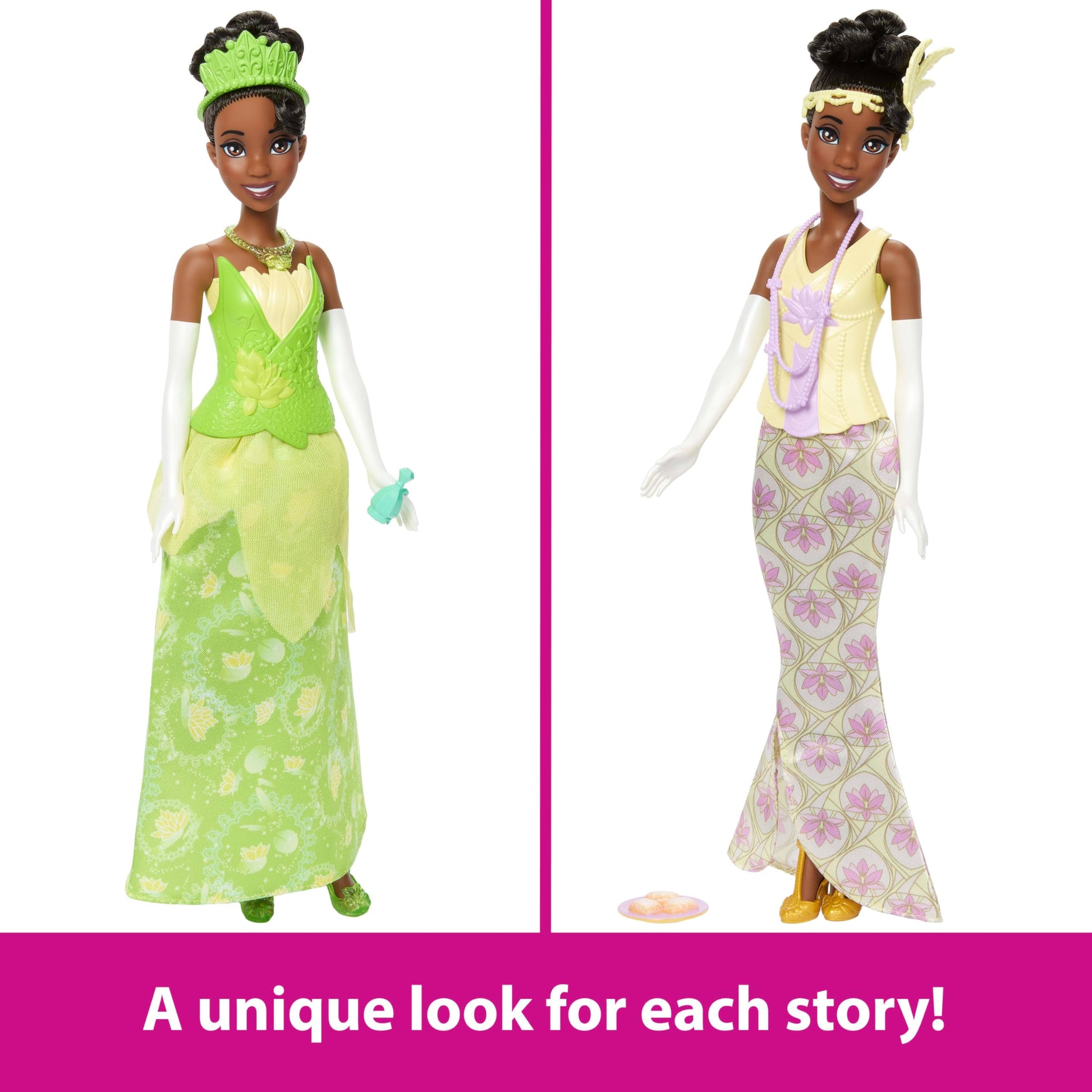 Mattel Disney Princess Toys, Tiana Fashion Doll with 2 Looks, 9 Accessories, 2 Snap-On Bodices & 2 Skirts, 2-in-1 Stories Inspired by Disney Movie