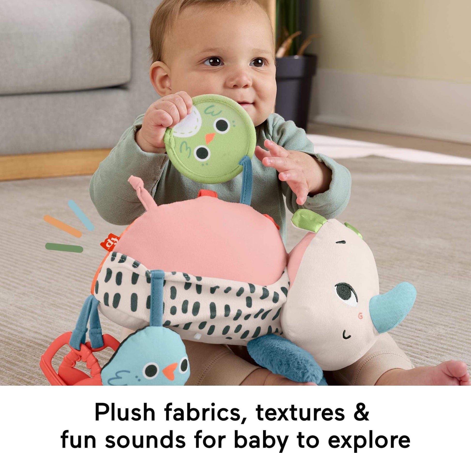 Fisher-Price Newborn Toy Planet Friends Tummy Time Roaming Rhino Plush with Sensory Activities for Babies Ages 0+ Months