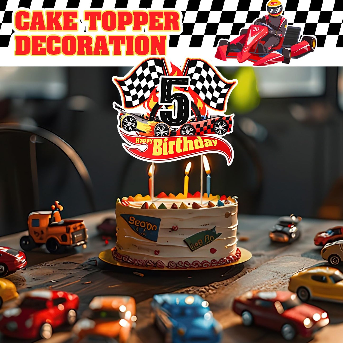 Maitys Race Car 5th Birthday Cake Topper Race Car Theme Birthday Party Supplies Checkered Flag Cupcake Decorations Photo Props for Five Years Old