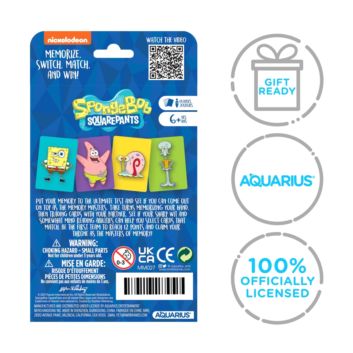 Aquarius Spongebob Squarepants Memory Master Card Game - Officially Licensed Family Party Game for Kids Ages 6+, 4 Players, Spongebob Gift