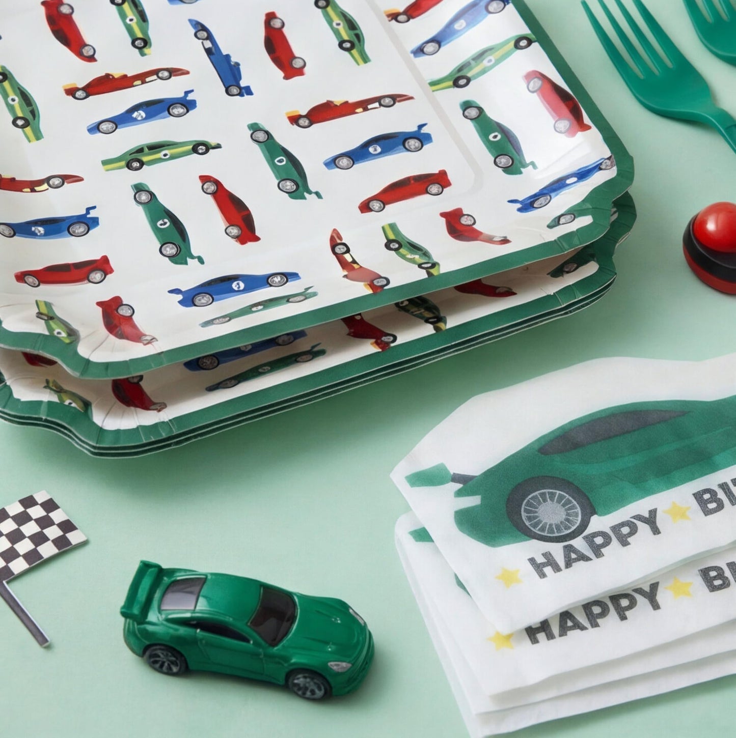 Modern Whimsy Race Car Birthday Party Decorations - 64 Pc Car Tableware Serves 16 - Square Plates, Die-Cut Car Napkins & Forks - Green Boys Car Themed