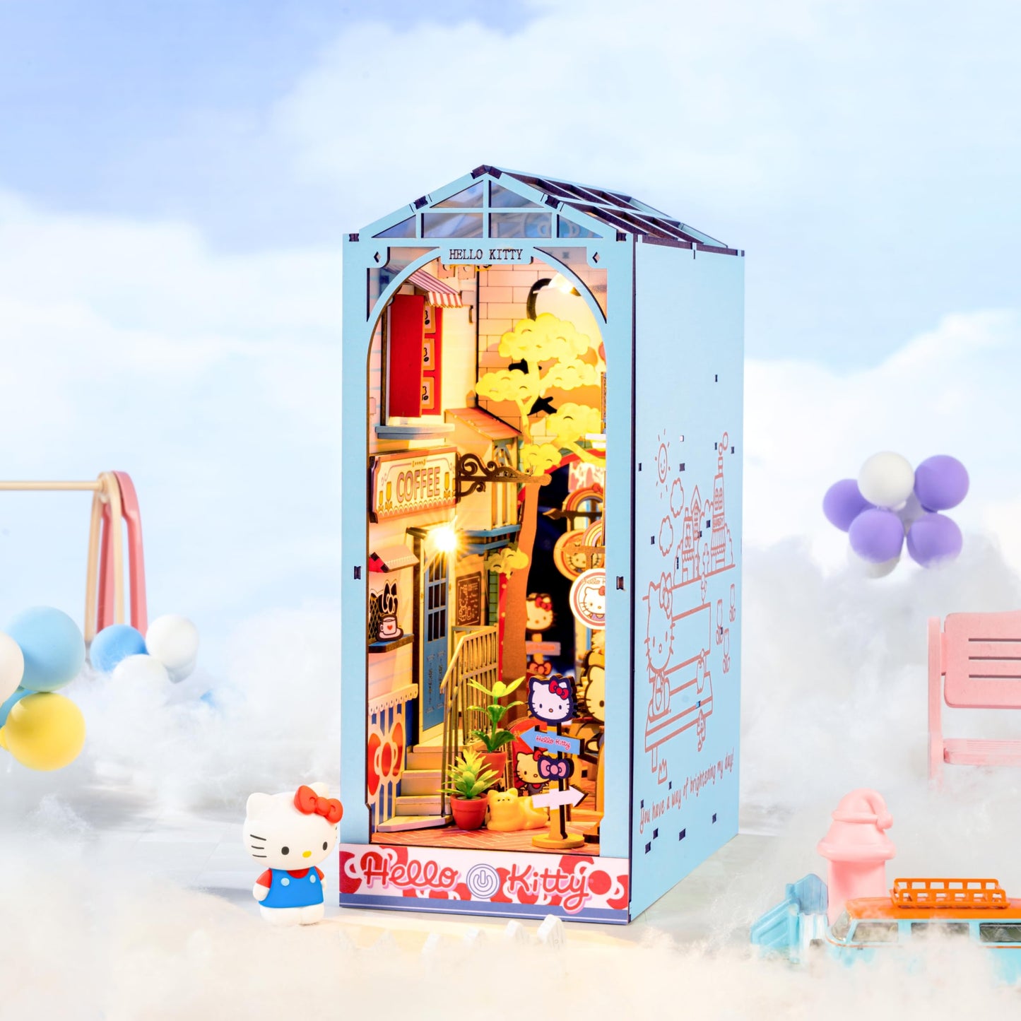 Hands Craft DIY Miniature Kit Book Nook - Hello Kitty Town Square | Whimsical Miniature Scene | Intricate Design, Adorable Charm | LED Lights |
