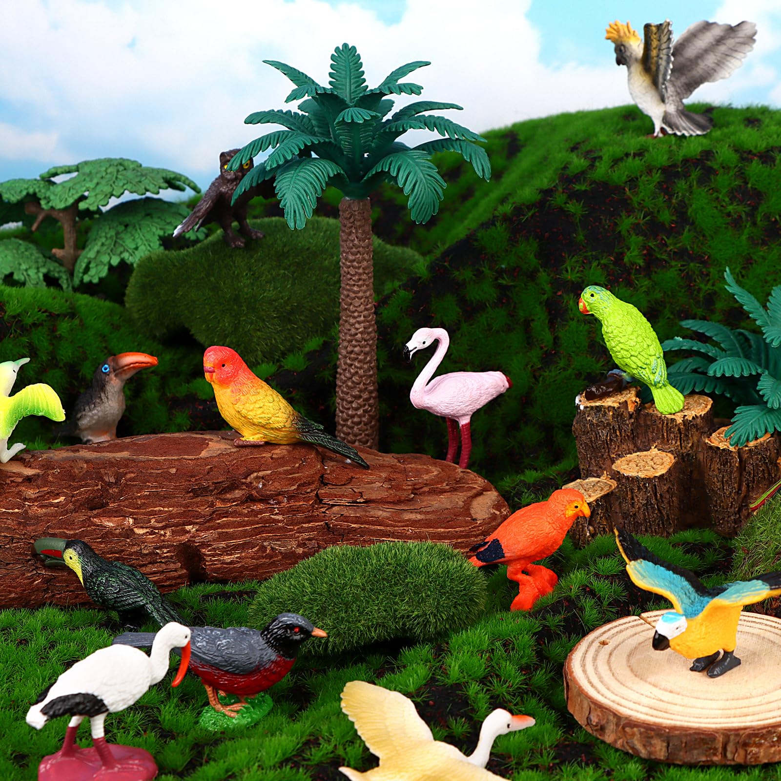 Warmshine 24 Pcs Realistic Bird Animals Figurines Mini Bird Figures Model Eagle Parrot Robin Owl Plastic Birds Figures Fairy Garden Accessories