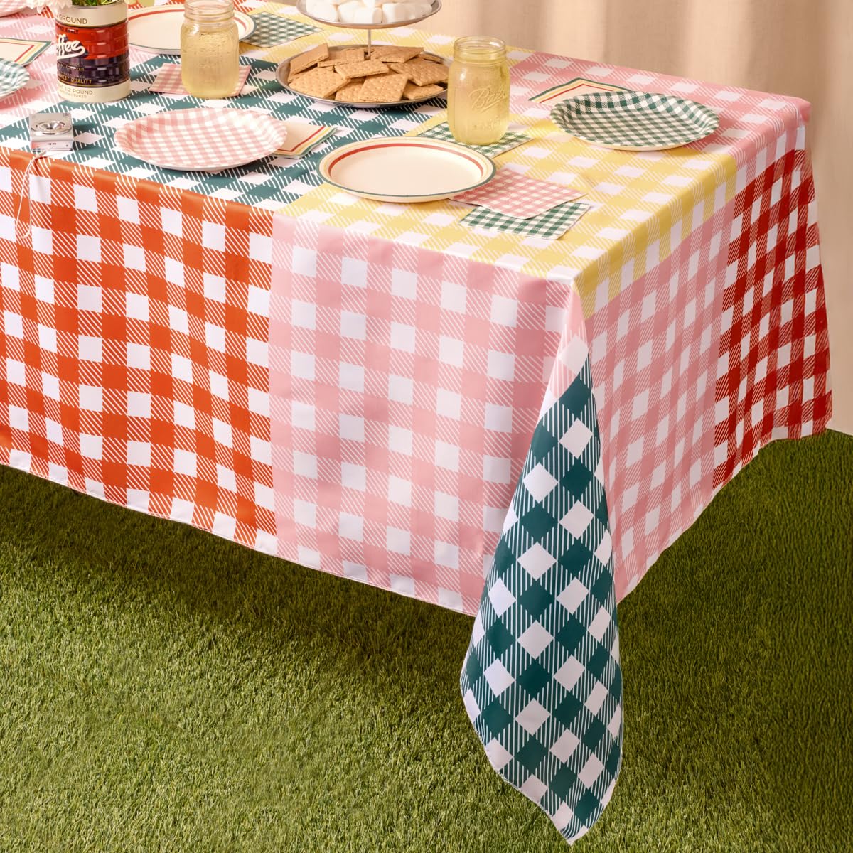 xo, Fetti Gingham Checkered Fabric Tablecloth 9ft | Camp Bachelorette Party