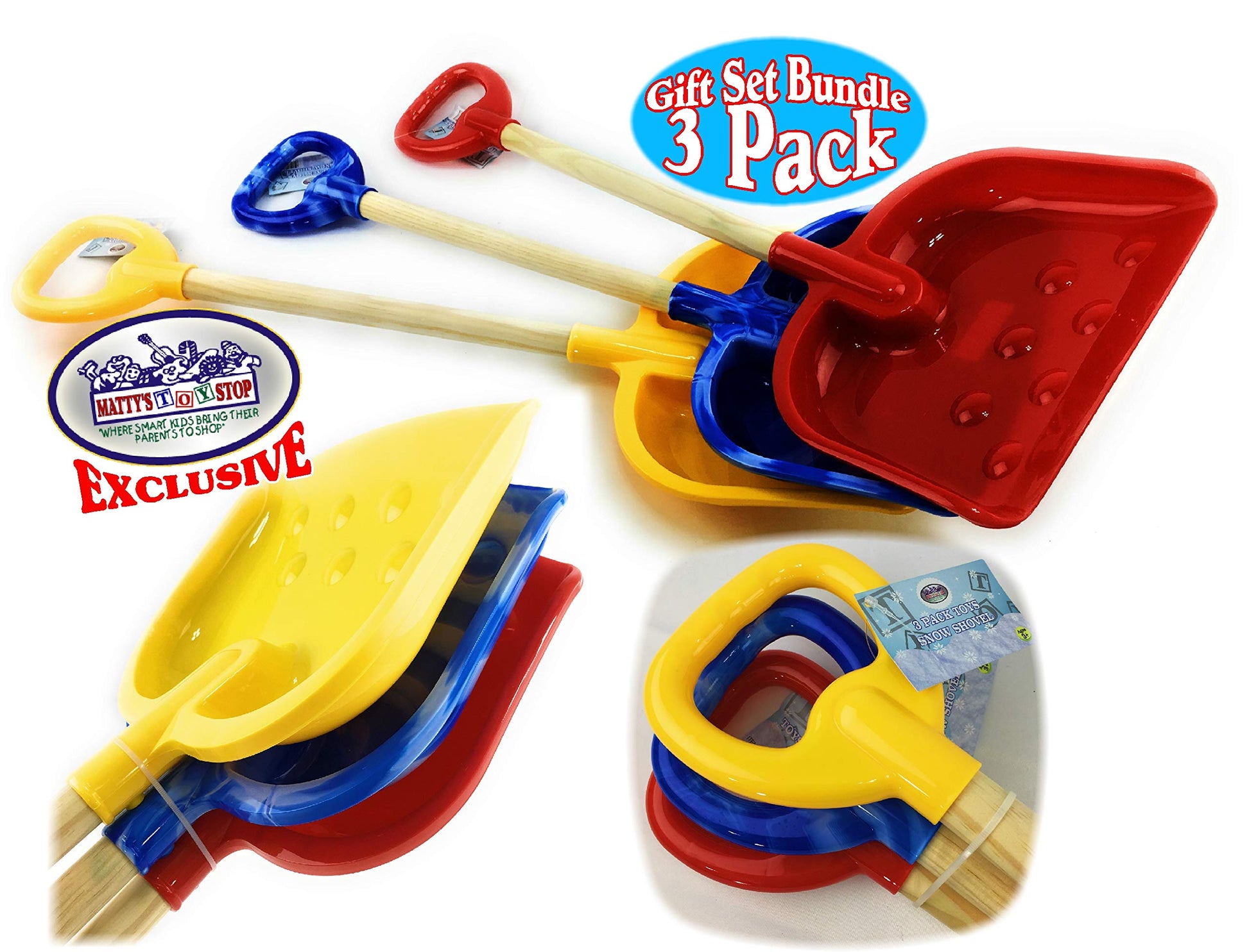Matty's Toy Stop 28" Heavy Duty Wooden Snow Shovels with Plastic Scoop & Handle for Kids Red, Yellow & Blue Swirl Gift Set Bundle - 3 Pack