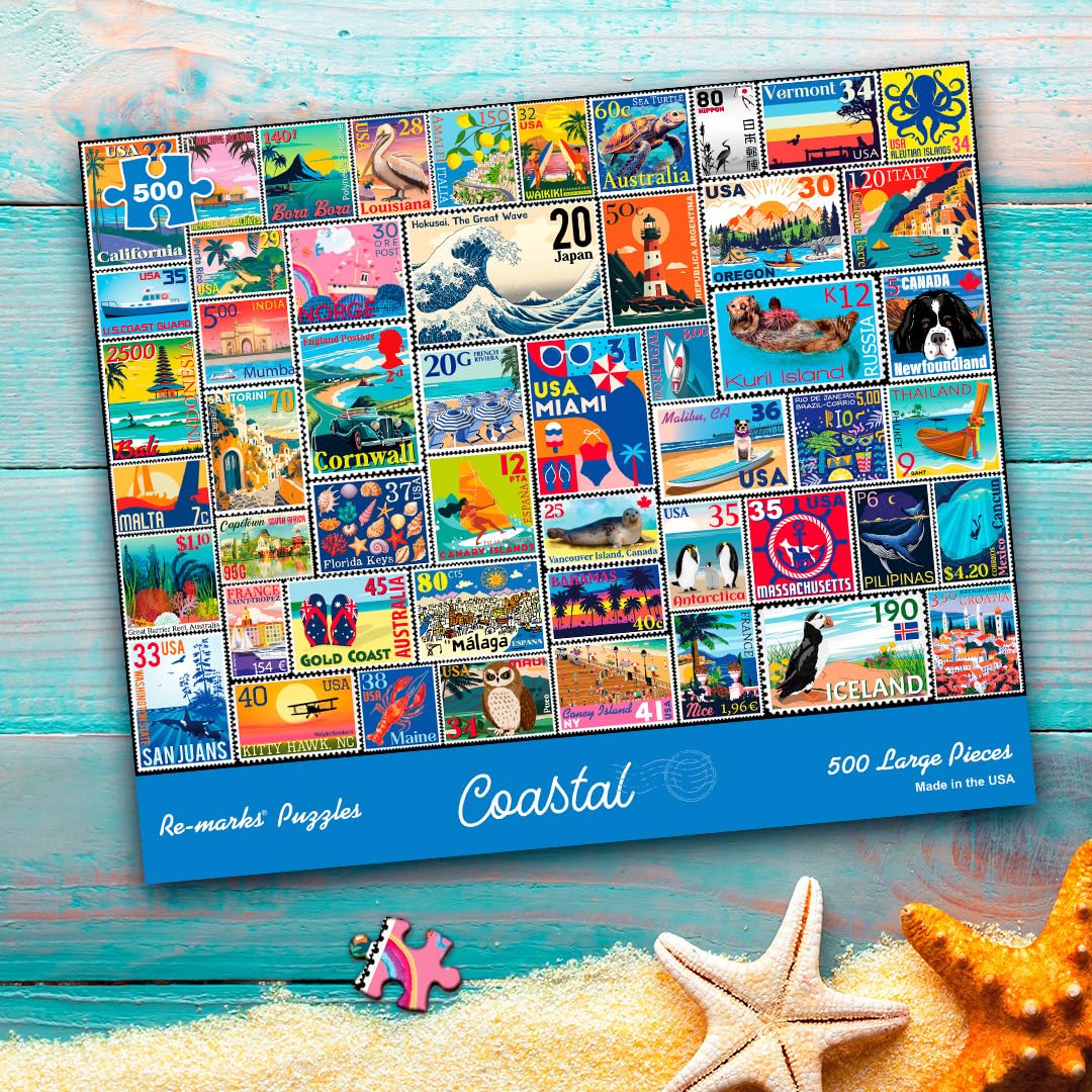 Re-marks Coastal Stamp Collage Puzzle, 500 Large Piece Jigsaw Puzzle for All Ages