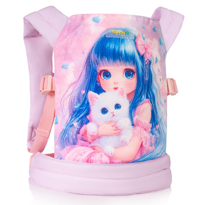 HappyVk Doll Carrier for Kids Baby Doll Carrier with Adjustable Straps Front & Back Carry Pretend Play Toy for Girls Cat Theme