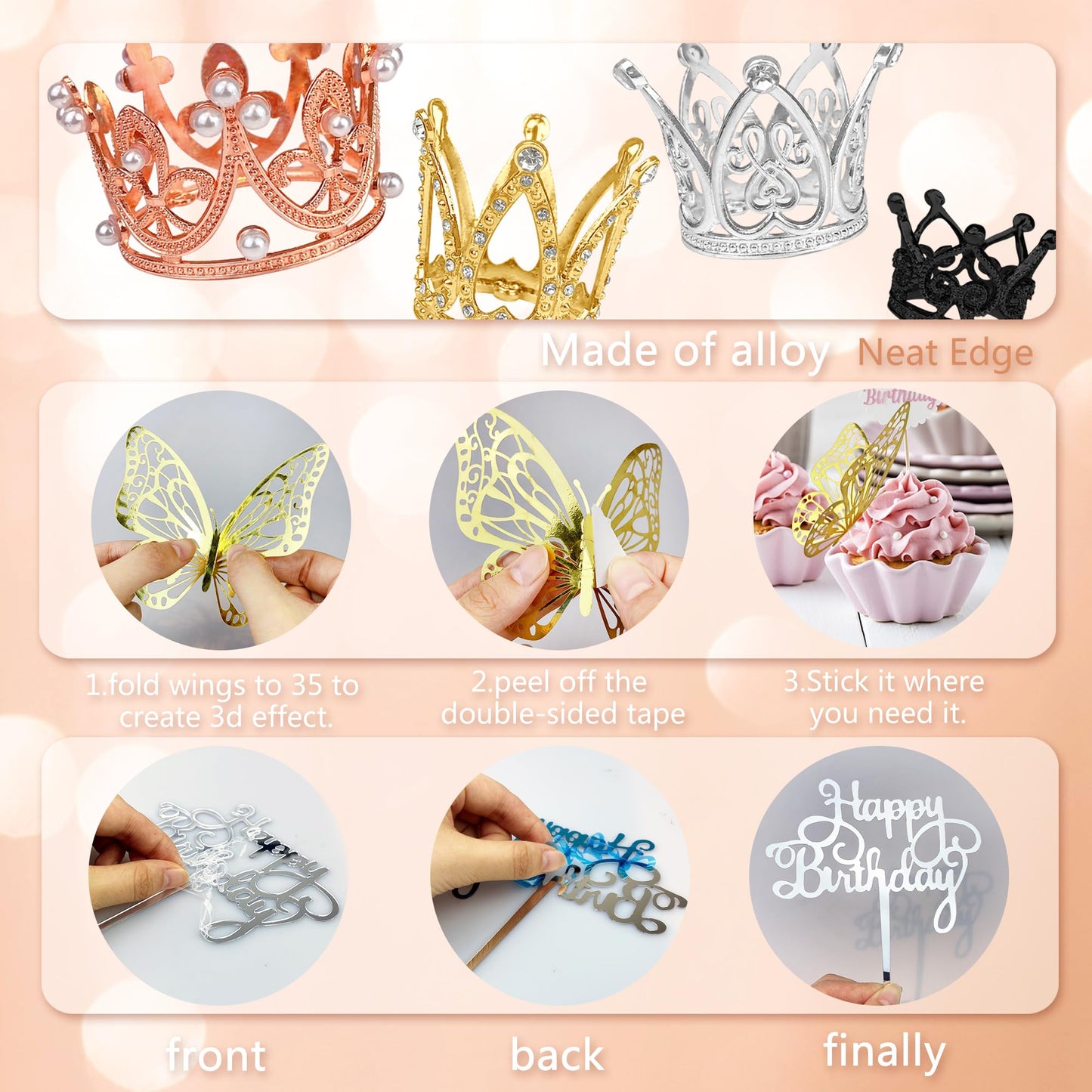 44 PCS Grown Cake Decorations 16 PCS Mini Crowns with 24 PCS Butterfly Wall Decors and 4 PCS Birthday Insert Cards for Women Girl Crown Birthday Party