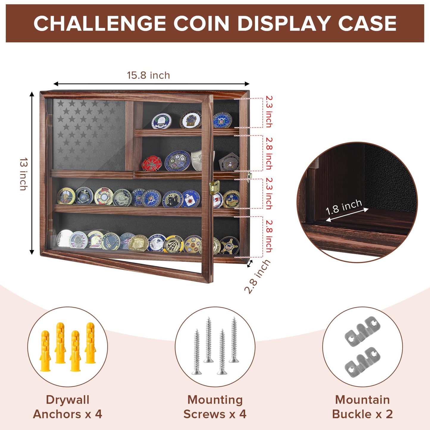MOCAS Challenge Coin Display Case, Lockable Military Coin Holder Cabinet with Removable Star Board & HD Tempered Glass Door, Solid Wood Wall Mount