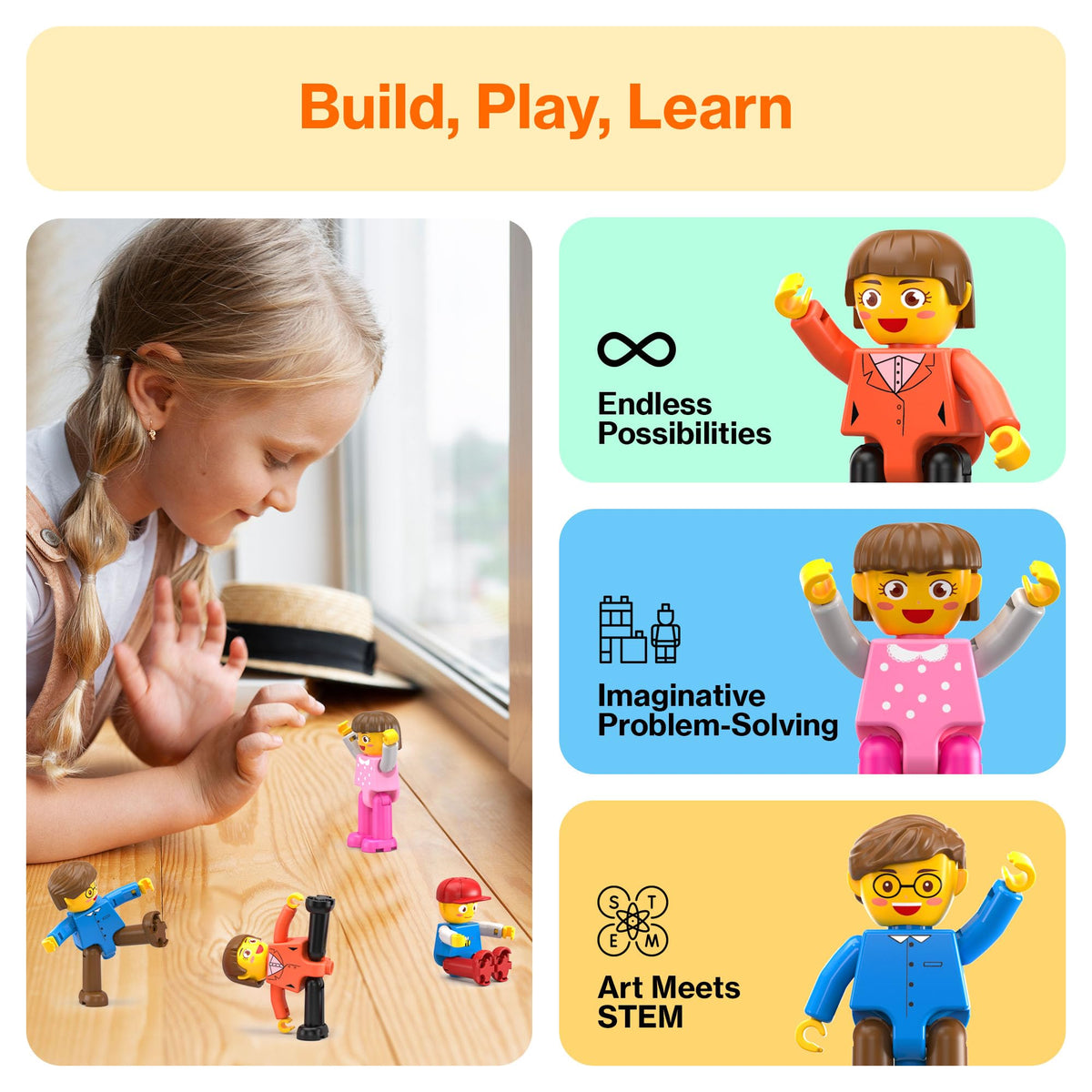 PicassoTiles 4pcs Magnetic Family Action Figures Toddler Magnet Toy Expansion Pack Educational Add-on STEM Learning Kit Toys Pretend Playset for