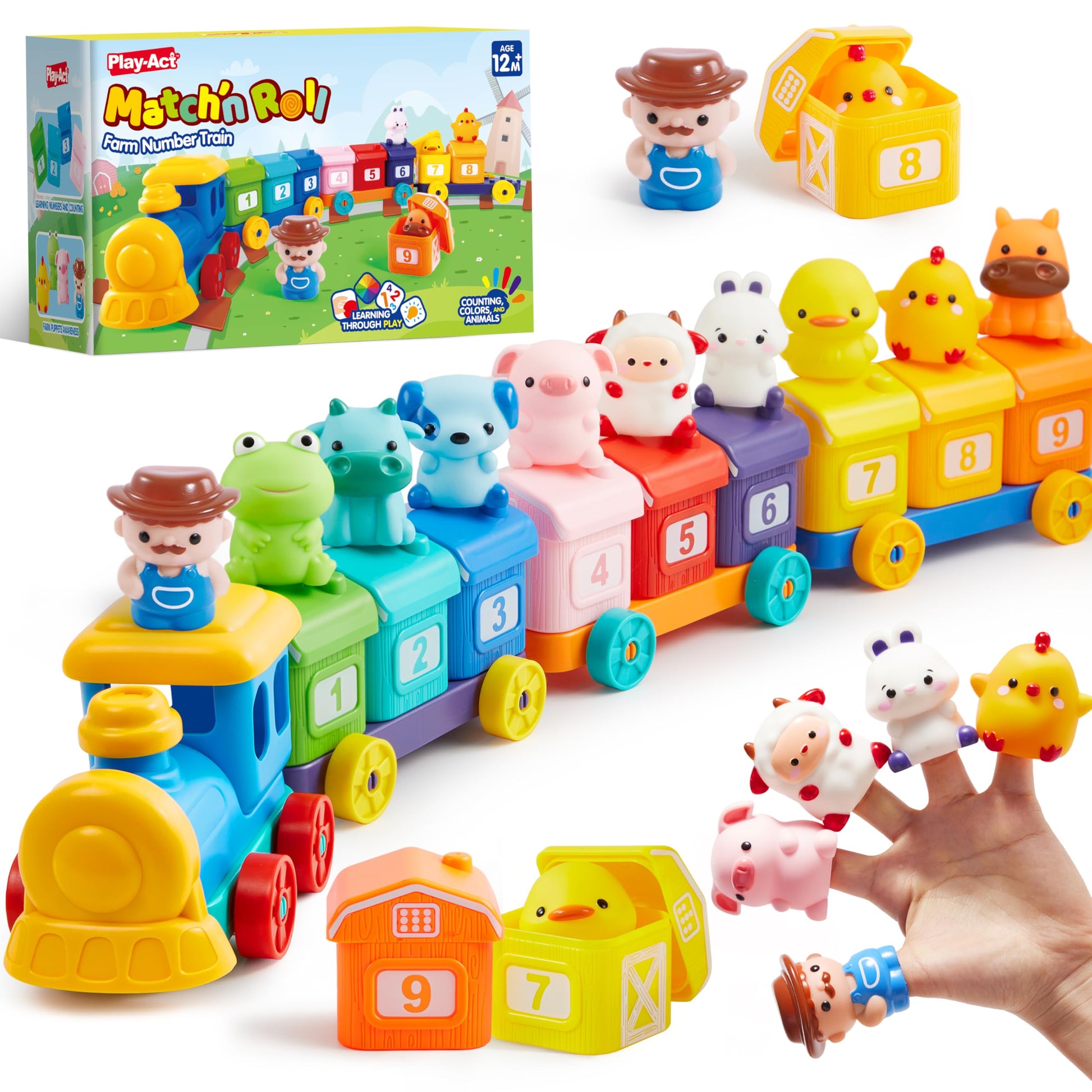 Play-Act Learning Toy for Toddlers 1 2 3 Years Old, Counting, Matching & Sorting Montessori Learning Farm Train Including 9 Farm Animals, Birthday