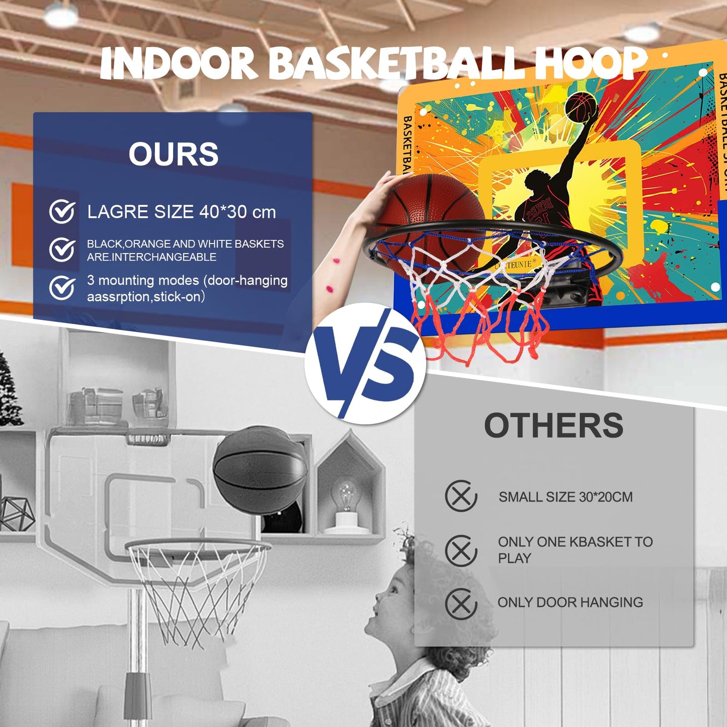 CGRTEUNIE Indoor Basketball Hoop for Kids, 40x30cm Backboard