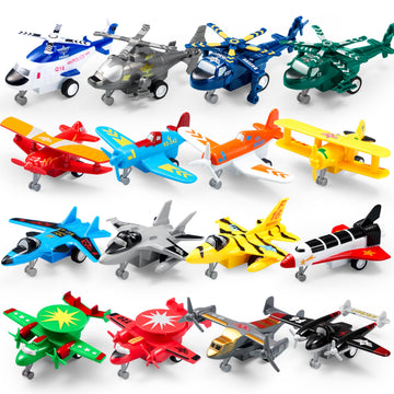 JOYIN 16 Pcs Pull Back Airplane Toys, Boys Plane Playset, Aircraft Incl Helicopter, Fighter, Bomber, Gifts for Toddler Kids 3+ Years Old, Treasure Box