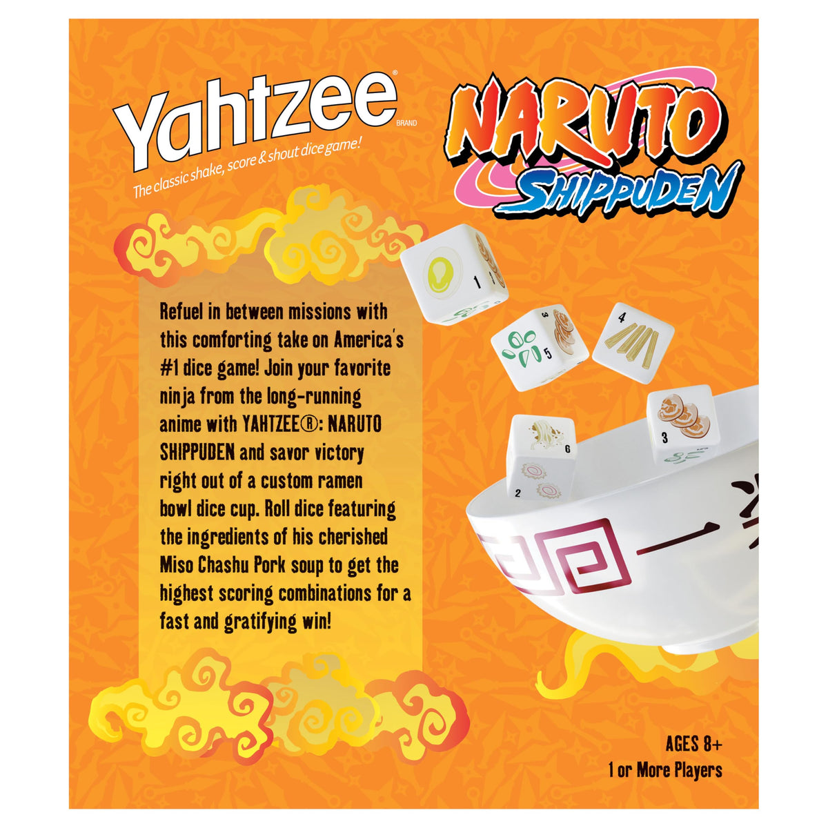 USAOPOLY YAHTZEE: Naruto Shippuden | Collectible Ramen Bowl Dice Cup | Classic Family Dice Game Based on Anime Show | Great for Family Game Night |