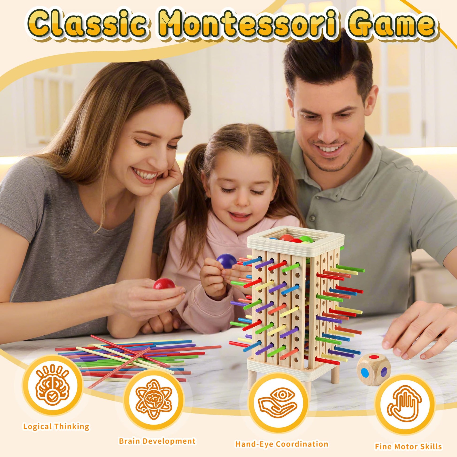 Pinshoon Montessori Game Wooden Board Game, Multiplayer for Kids 4-8, Math Educational, Fine Motor Skill Toy for Girls Boys, Classic Fun Games for Age