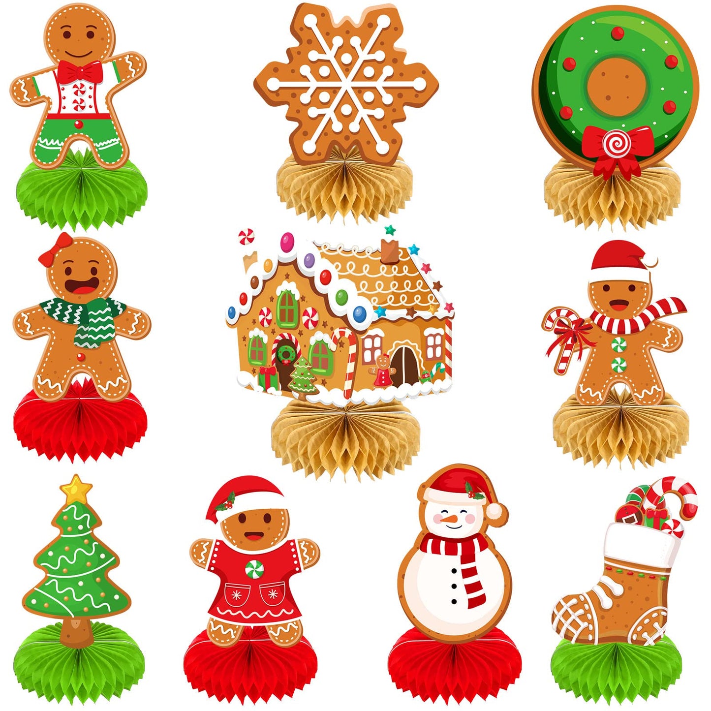 10 Pieces Christmas Gingerbread Man Party Ornaments Decorations Merry Xmas Gingerbread Man Snowflake Snowman Party Honeycomb Centerpieces Christmas