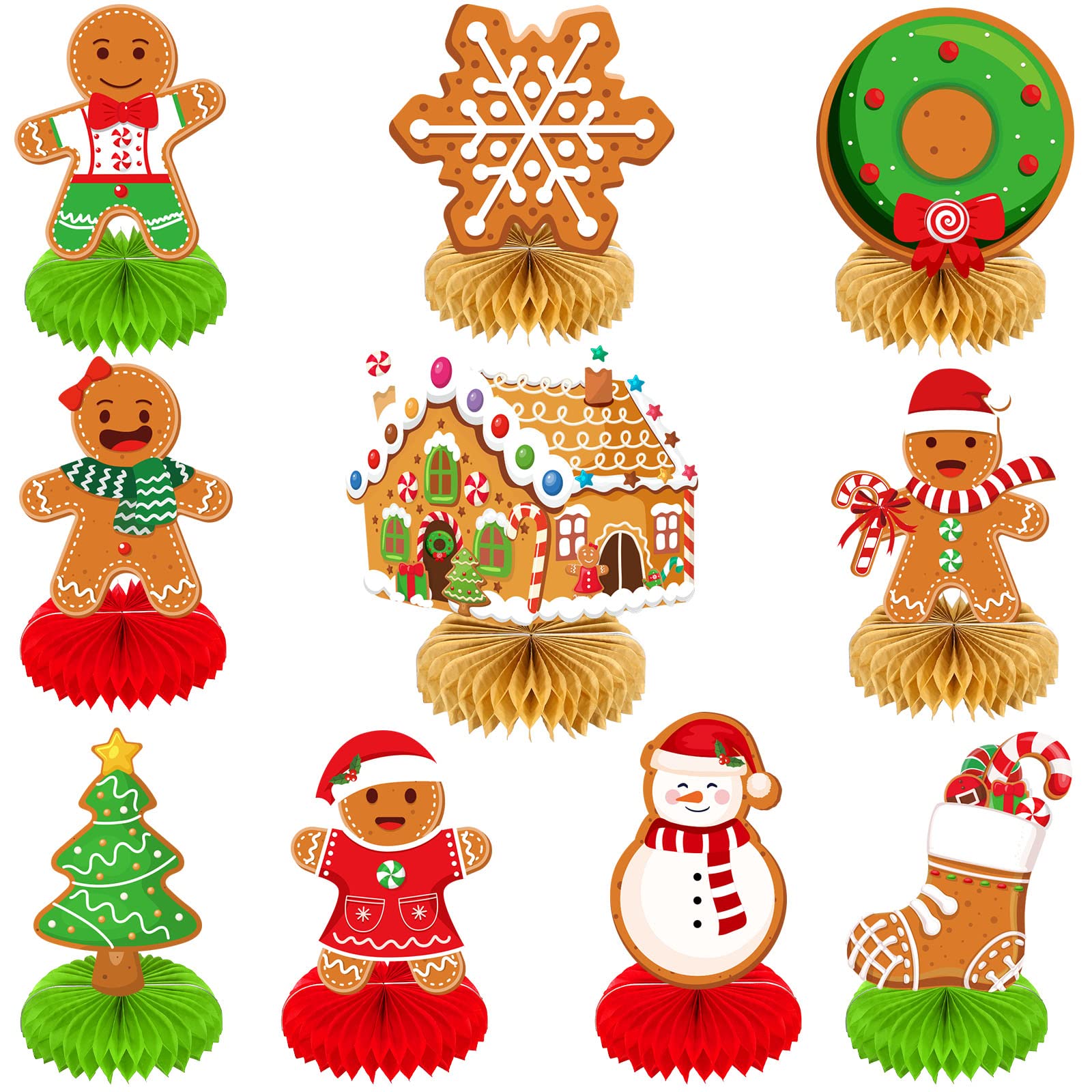 10 Pieces Christmas Gingerbread Man Party Ornaments Decorations Merry Xmas Gingerbread Man Snowflake Snowman Party Honeycomb Centerpieces Christmas