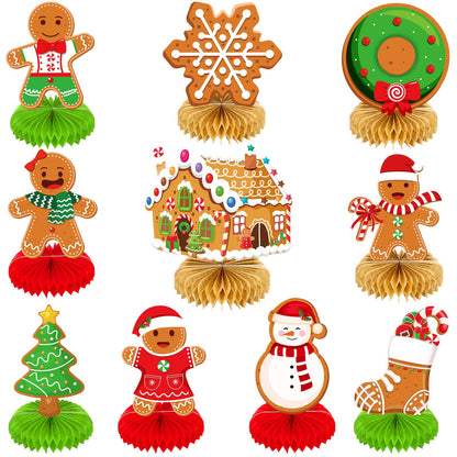 10 Pieces Christmas Gingerbread Man Party Ornaments Decorations Merry Xmas Gingerbread Man Snowflake Snowman Party Honeycomb Centerpieces Christmas