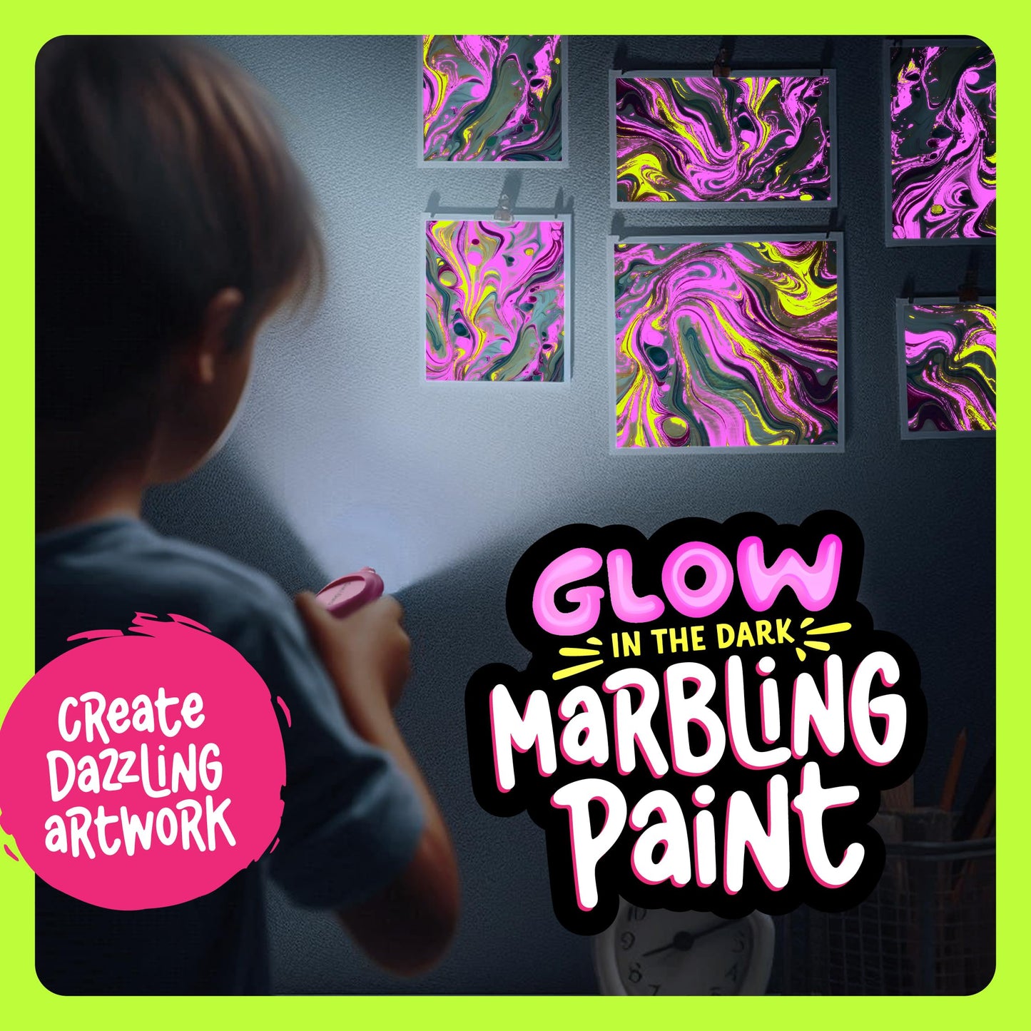 Dan&Darci Glow in The Dark Marble Paint Kit for Kids - Water Marbling Painting Art Set for Boys & Girls Ages 6, 7, 8, 9, 10, 11, 12 Year Old - Kid