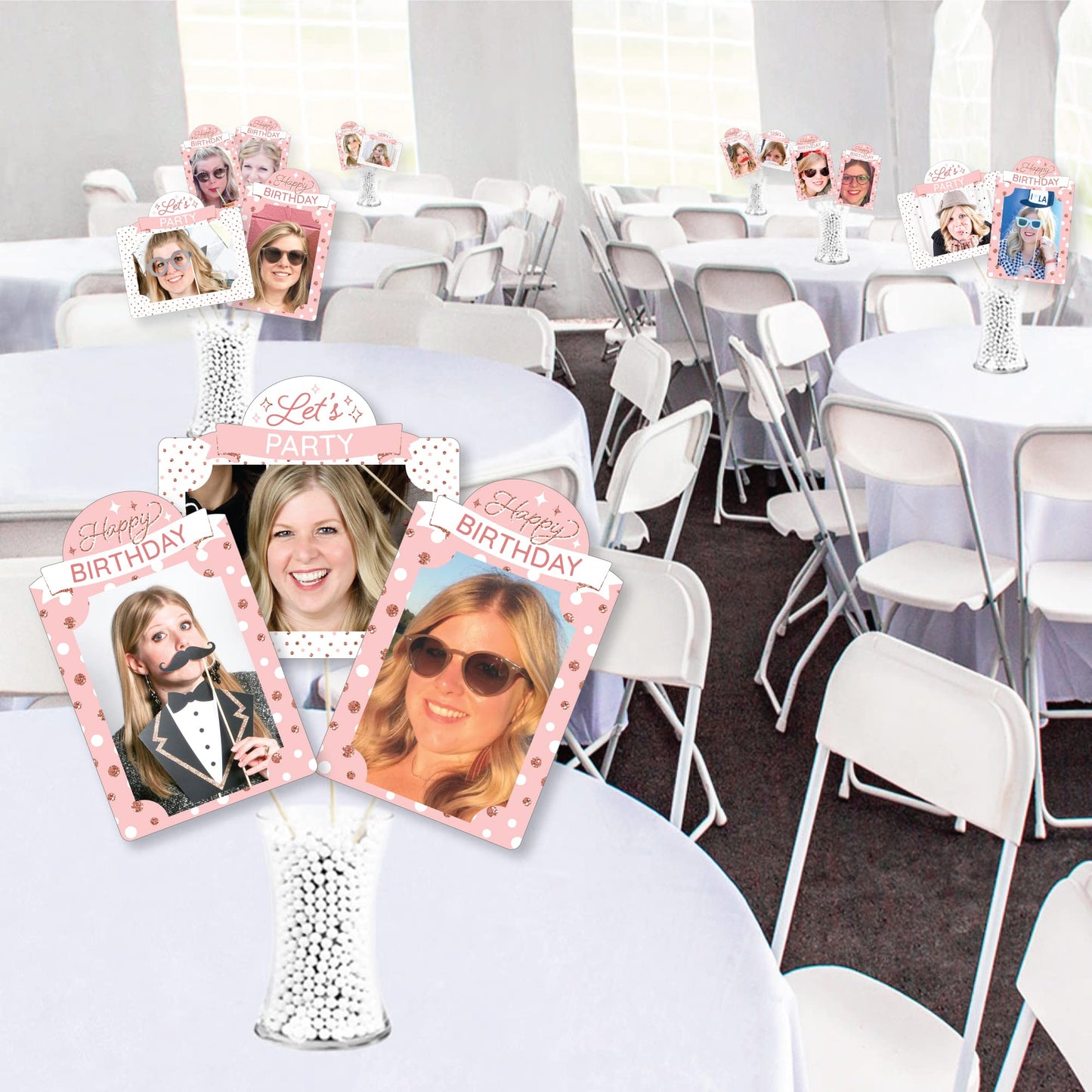 Big Dot of Happiness Pink Rose Gold Birthday - Happy Birthday Party Picture Centerpiece Sticks - Photo Table Toppers - 15 Pieces