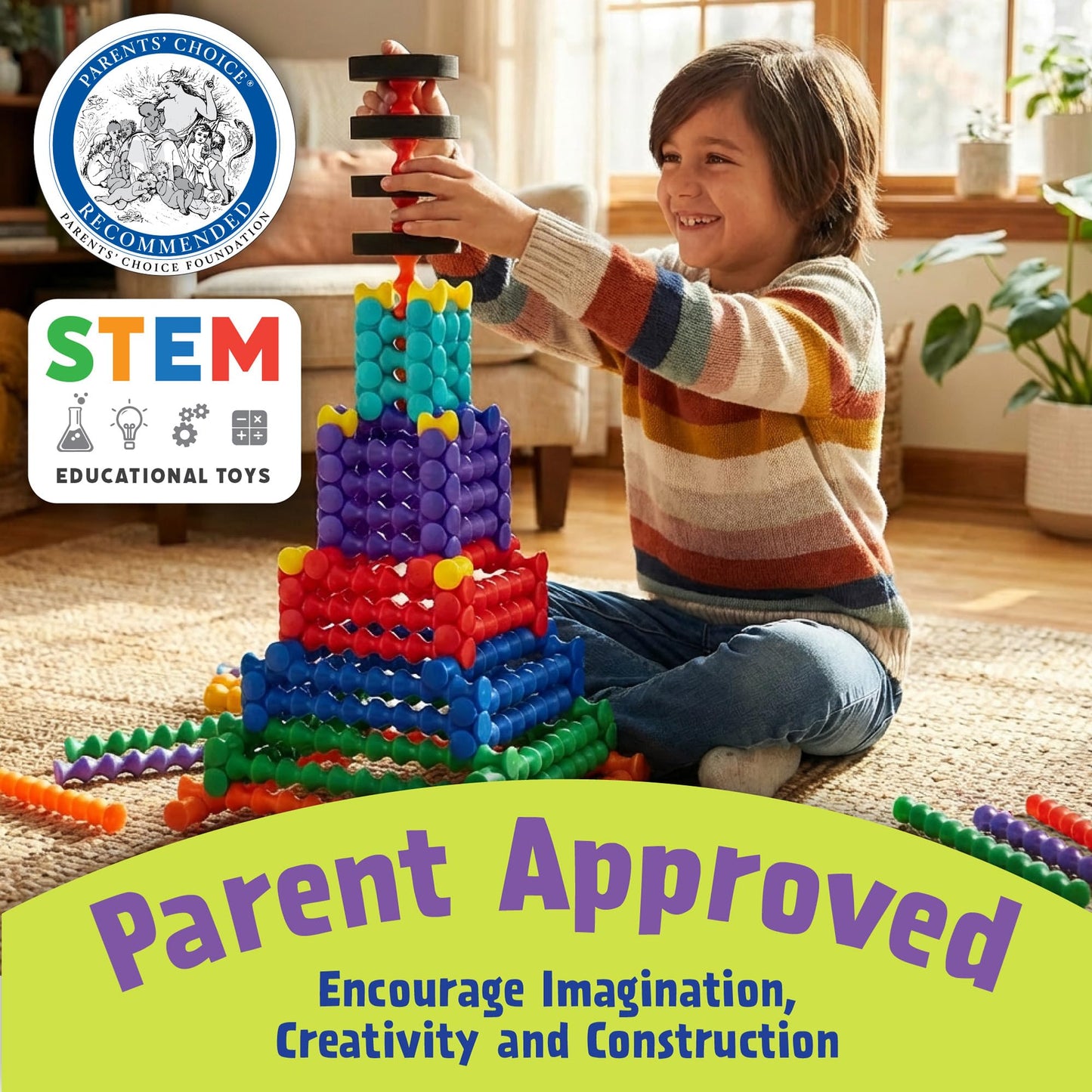 Popular Playthings Playstix, Building Sticks Kit For Kids, Construction Stem Building Toy Gift for Boys & Girls - Jumbo Multicolor Set 150 Piece