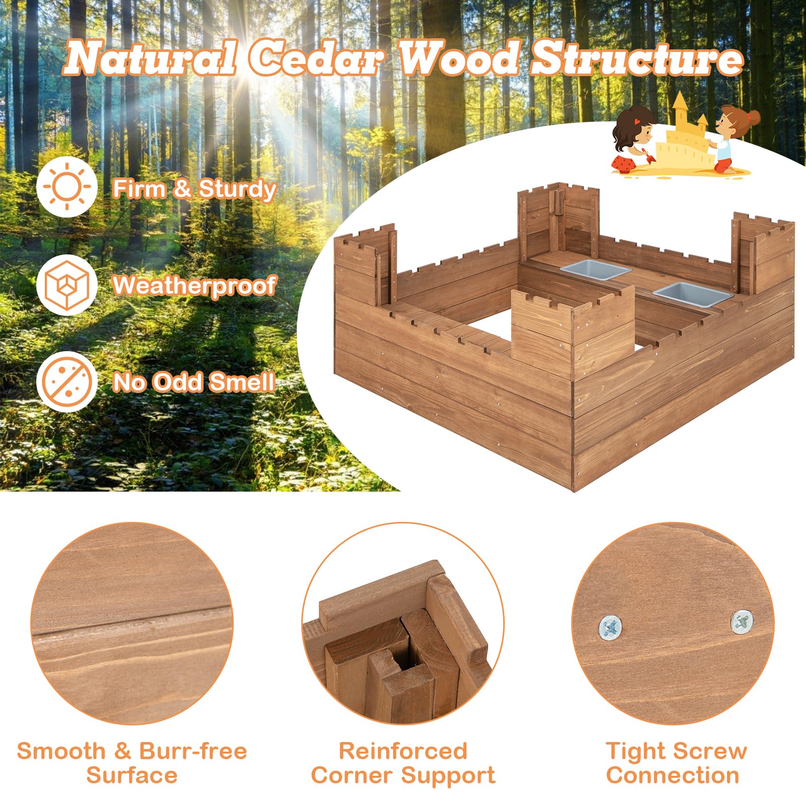 HONEY JOY Kids Sandbox, Cedar Bottomless Sand Pit for Backyard, 4 Red Flags & Bottom Liner, Side Bench & 2 Boxes, Wooden Sand Boxes for Kids Outdoor