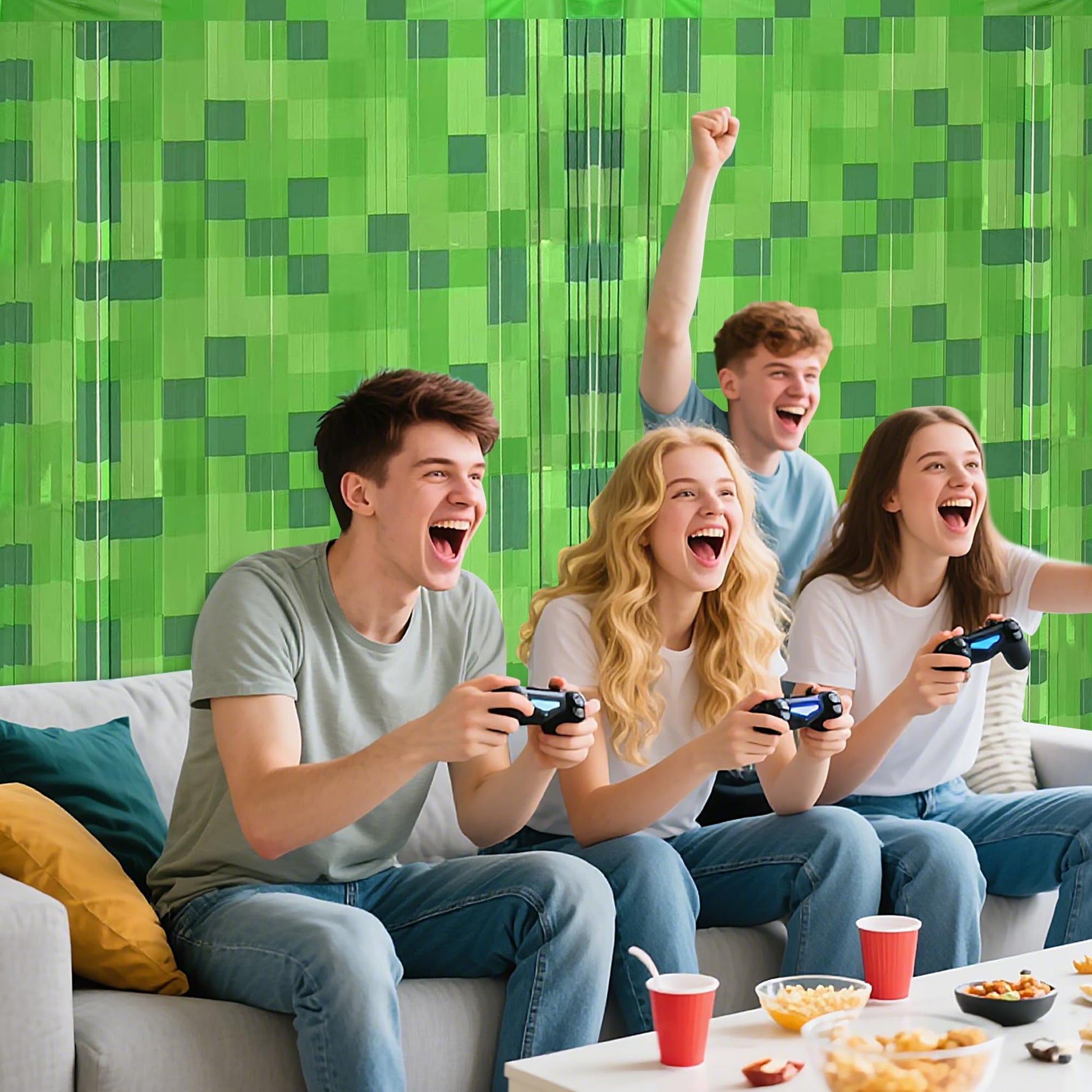 Green Pixel Miner Foil Fringe Curtains - 2 Pack 3.3x6.6ft Metallic Video Game Birthday Photo Booth Backdrop, Door Streamers for Gamer Party