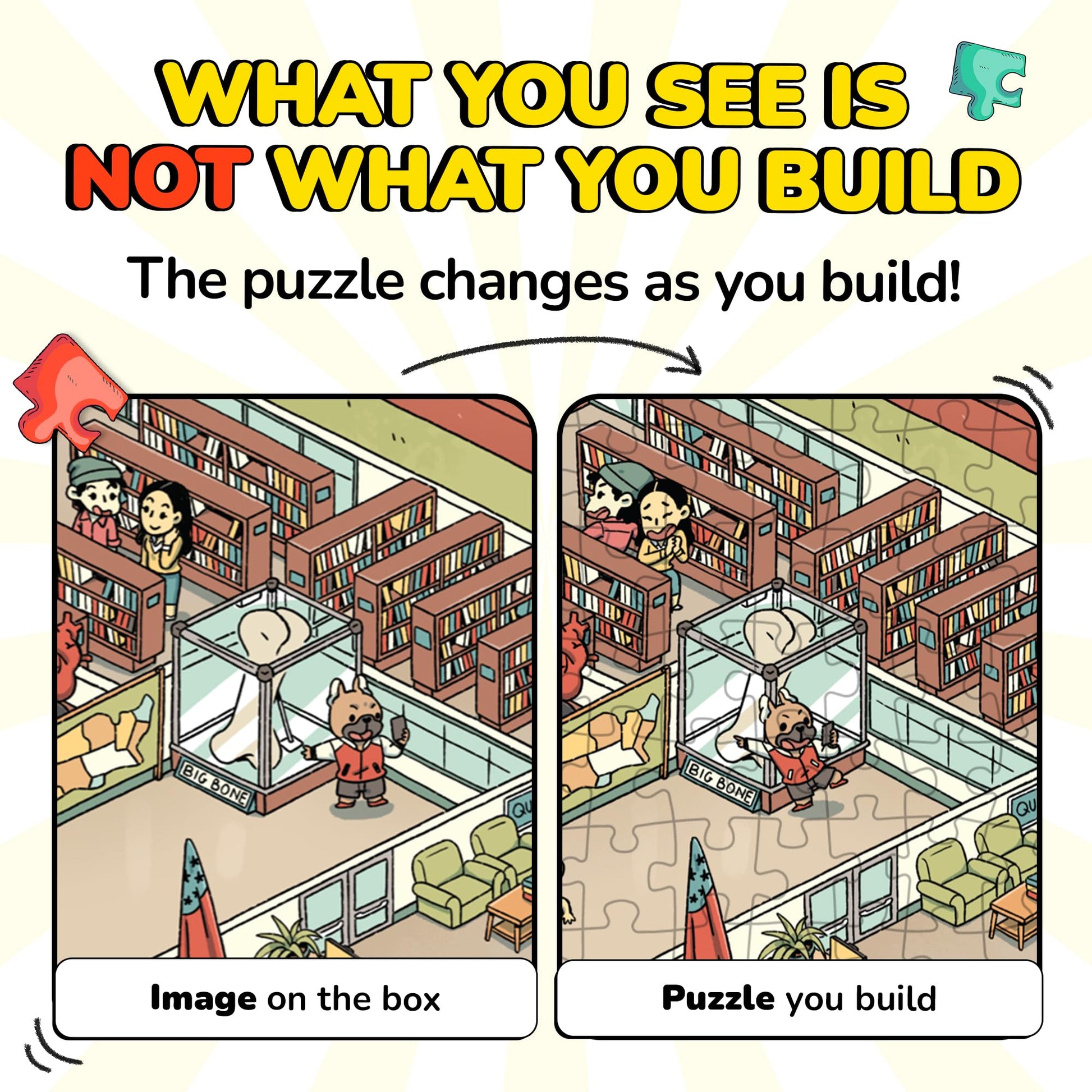 Odd Pieces Jigsaw Puzzles 1000 Pieces with Storytelling Comics, for Women, White Elephant, Mystery Puzzle for Adults & Kids - 19.7'' x 27.6''