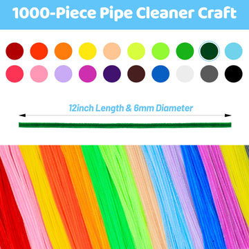 Tiehuoxia Craft Pipe Cleaners 1000pcs in 20 Colors & Mixed Supplies 500pcs, Scissors & Tutorial Manual Included, Multicolor Pony Beads, Googly Eyes