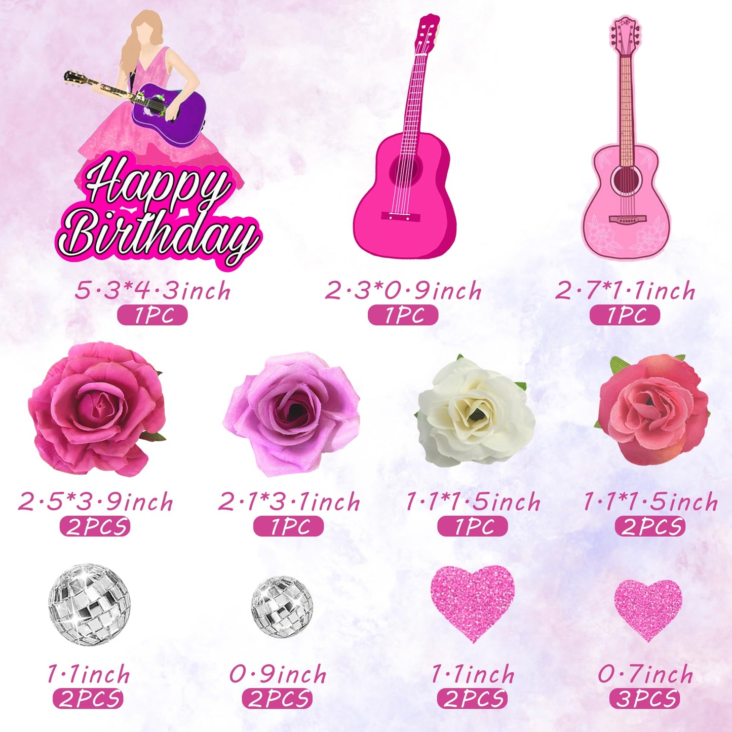 18 PCS Music Cake Toppers Pink Birthday Cake Topper and Guitar Flower Cake Topper for Music Birthday Decorations Supplies