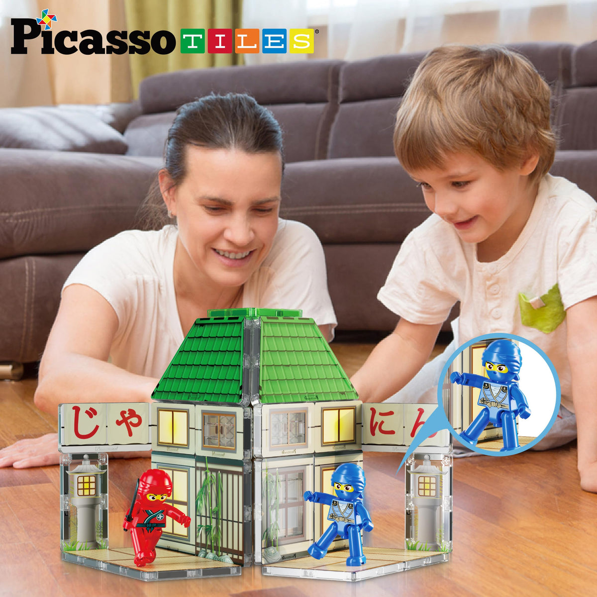 PicassoTiles Magnet Tile Building Blocks Ninja Dojo House Theme STEM Playset with 4 Character Action Figure Ninjas Weapon Accessories Magnetic Tiles