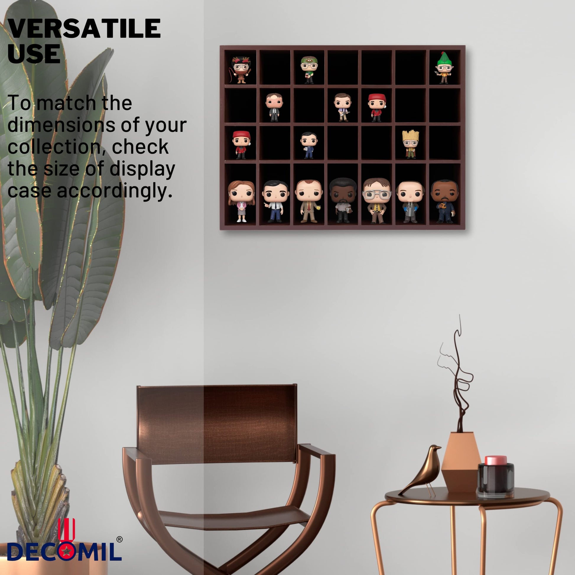 DECOMIL Shot Glass Display Case for Wall & Free Standing with Holder for 28 Tall Shot Glasses, Solid Wood Rack Without Door