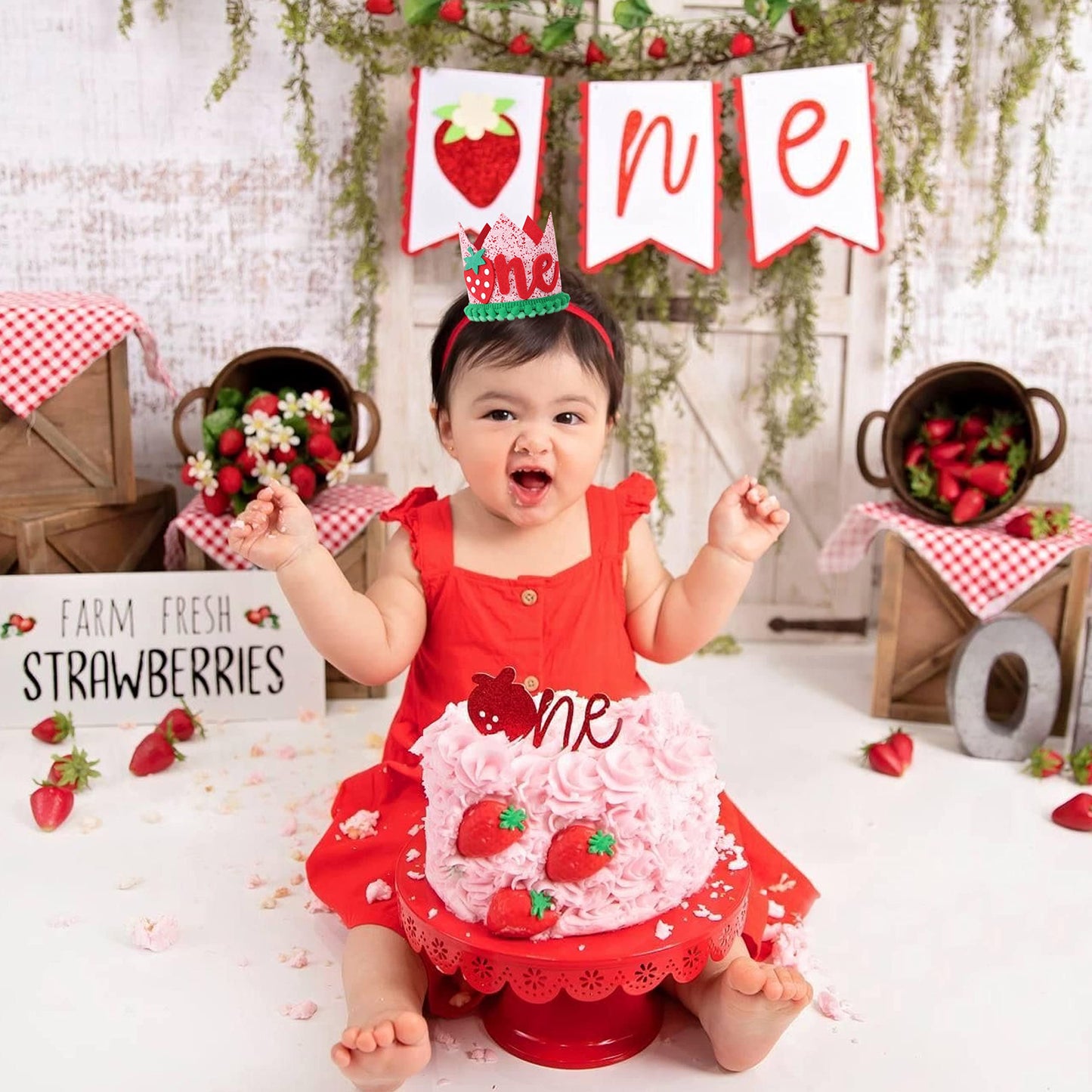 EPSEED Girl's First Birthday Strawberry Crown Hat - Fruity 1st Birthday Party Decoration, Cake Smash Accessory