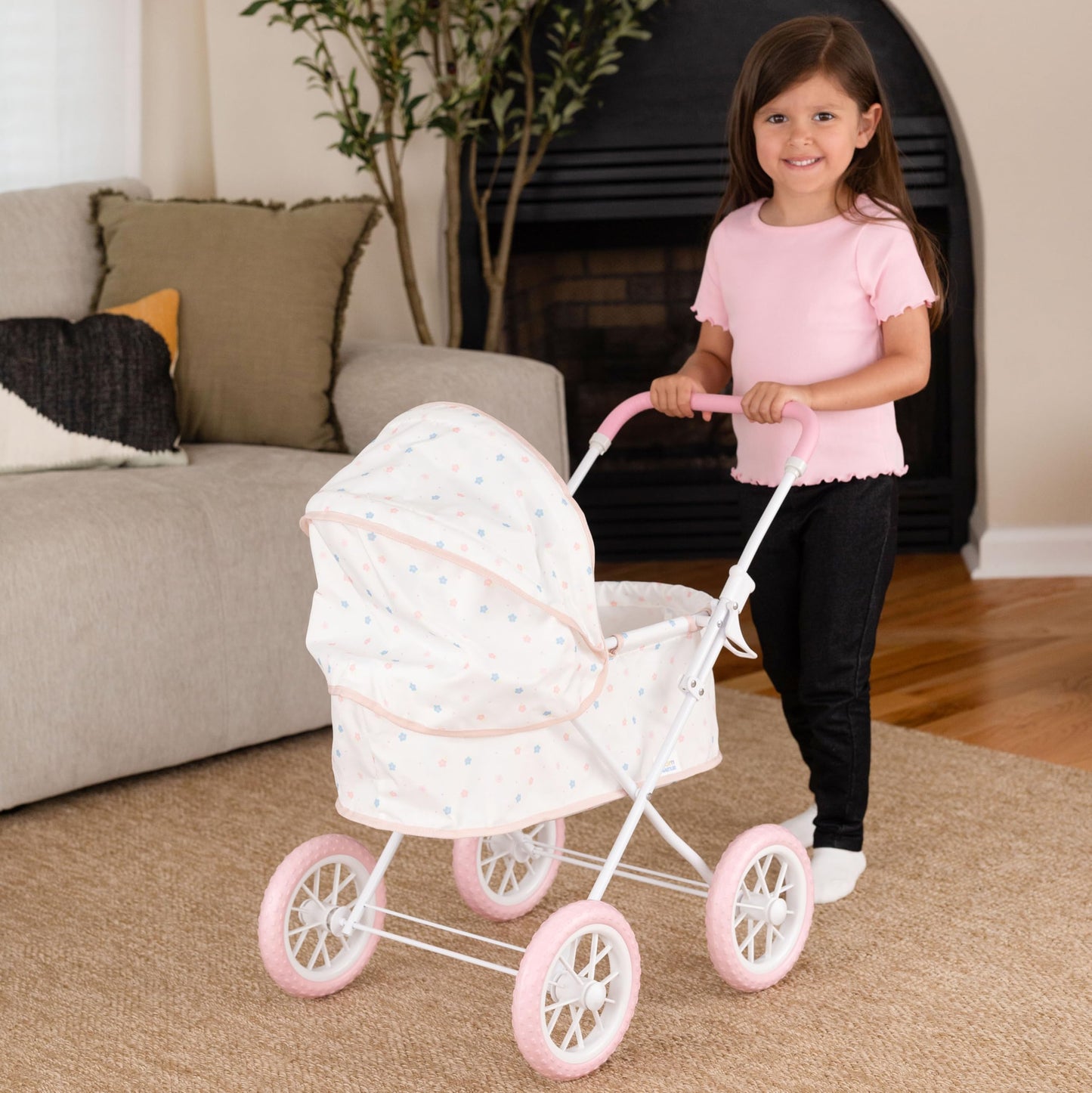 Baby Doll Stroller for Girls - Foldable Toy Pram with Adjustable Canopy, Foam Handle & Wheels - Fits 12-14 Inch Dolls, Reborn Dolls - Pretend Play