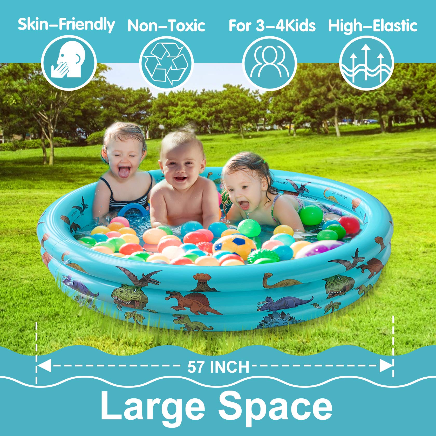 Dinosaur Inflatable Kiddie Pool, Blow Up 3-Ring Round Baby Play Center for Inside or Outdoor, Toddler Ball Pit/Fishing/Toys - 57'x15'