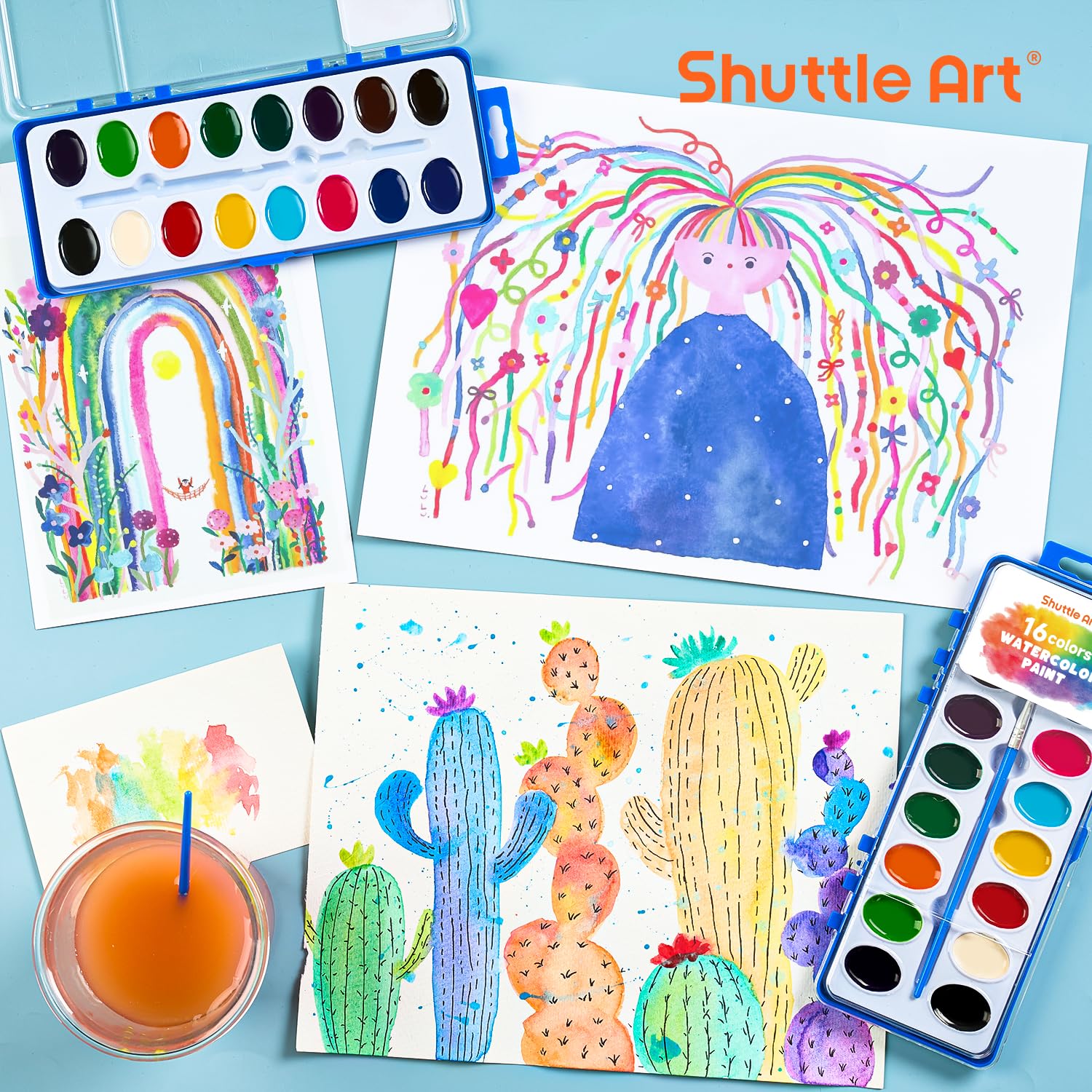 Shuttle Art 16 Colors Watercolor Paint Set Bulk, Pack of 24, Watercolor Paint Set with Paint Brushes for Kids and Adults, Washable Paint