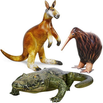 Jet Creations Life on Earth Wildlife Safari Inflatable, 3-PK, Kangaroo, Kiwi Bird, Alligator, Realistic Animals for Party Decoration, Pool, Birthday