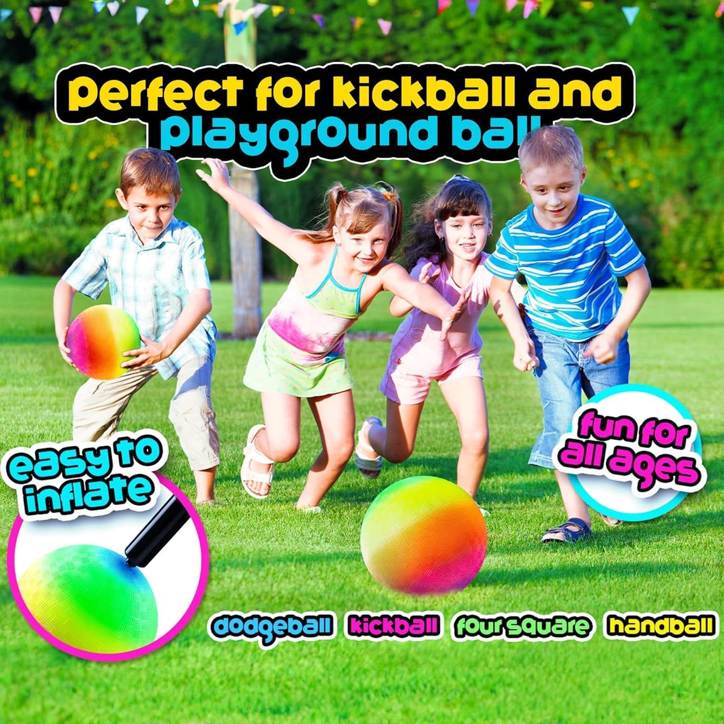 8.5-Inch Rainbow Playground Ball with Hand Pump for Kickball & Dodgeball