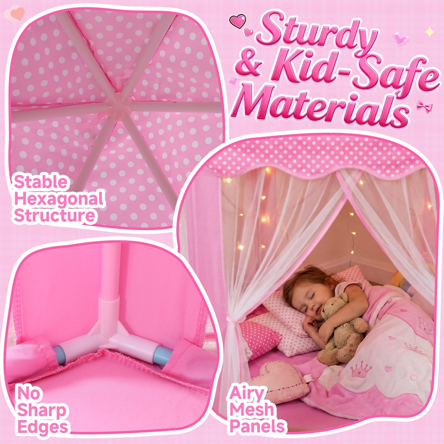 wilwolfer Princess Castle Play Tent for Girls Large Kids Play Tents Hexagon Playhouse with Star Lights Toys for Children Indoor Games (Pink)