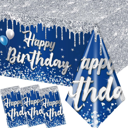 Dydamud Happy Birthday Tablecloth,3pcs Navy Blue and Sliver Table Cloths for Parties Rectangle Glitter Navy Blue Birthday Decoration for 18th 21st