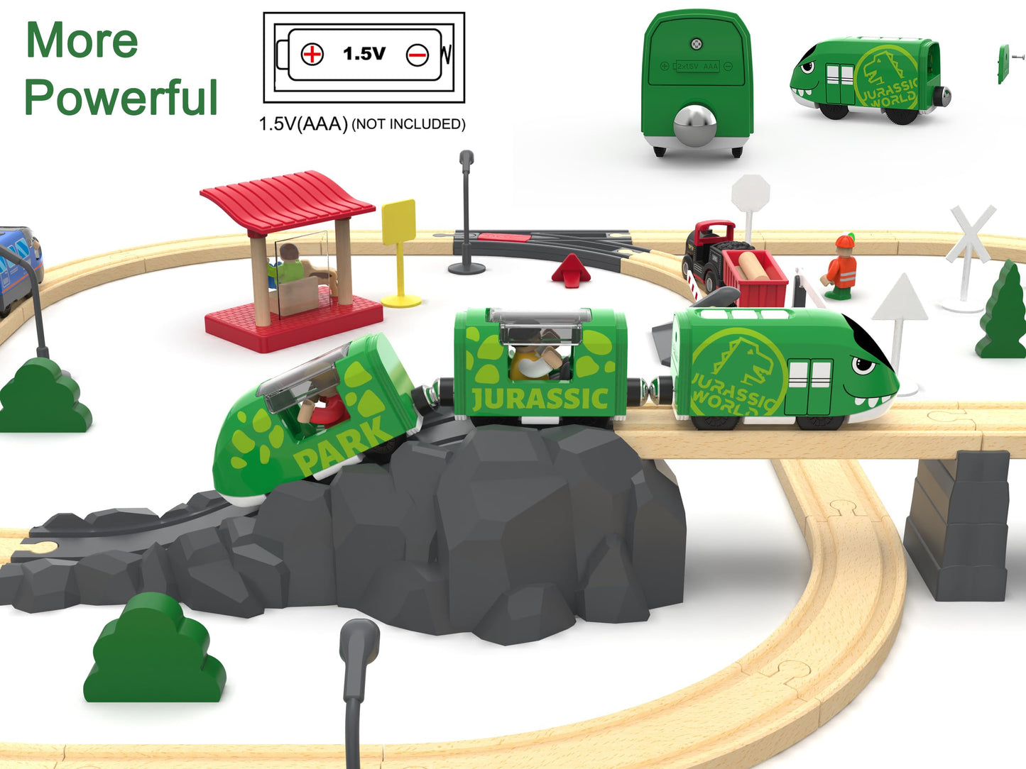 Battery Operated Bullet Train with Opening Carriages & 2 Action Figures, Jurassic Dinosaur Train for Wooden Track, Lights & Sounds, Compatible