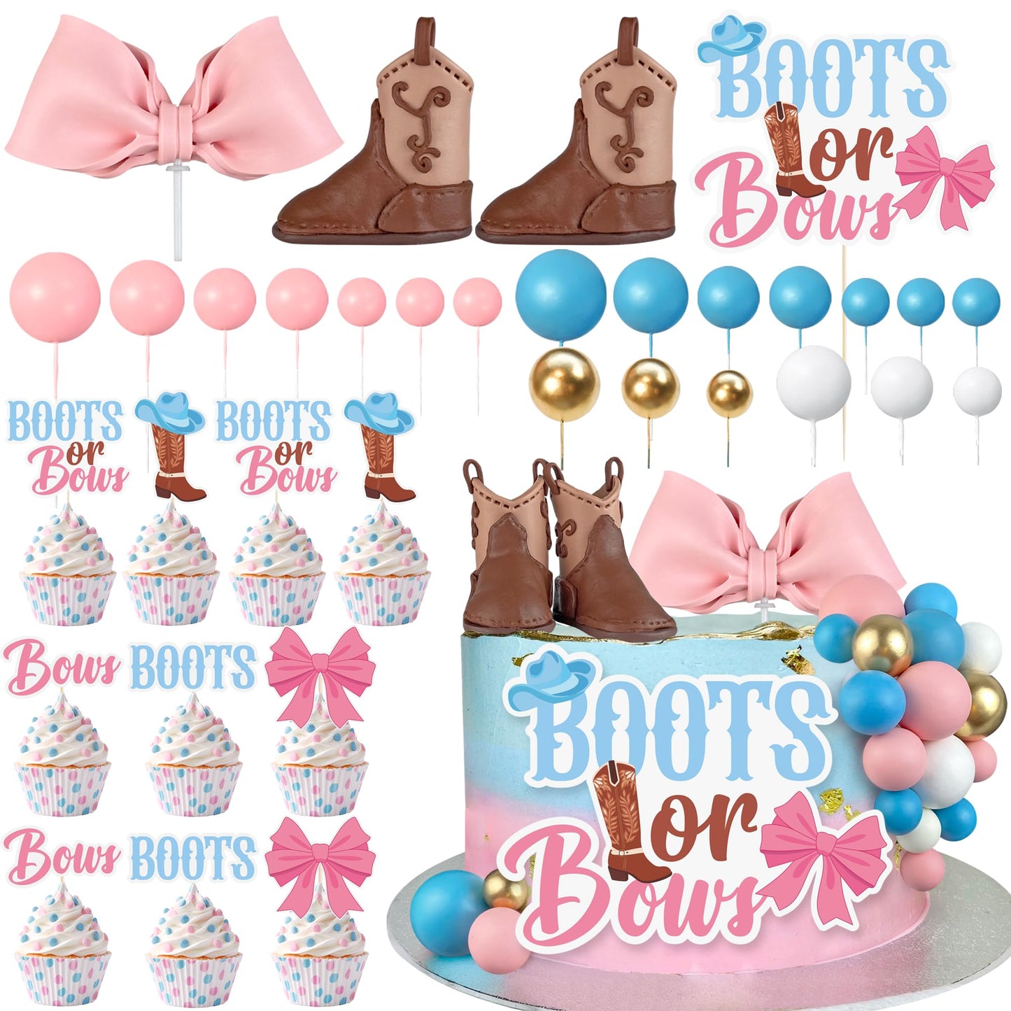34PCS Boots or Bows Gender Reveal Cake Decorations for Baby Shower Party Gender Reveal Theme Cake Decorations