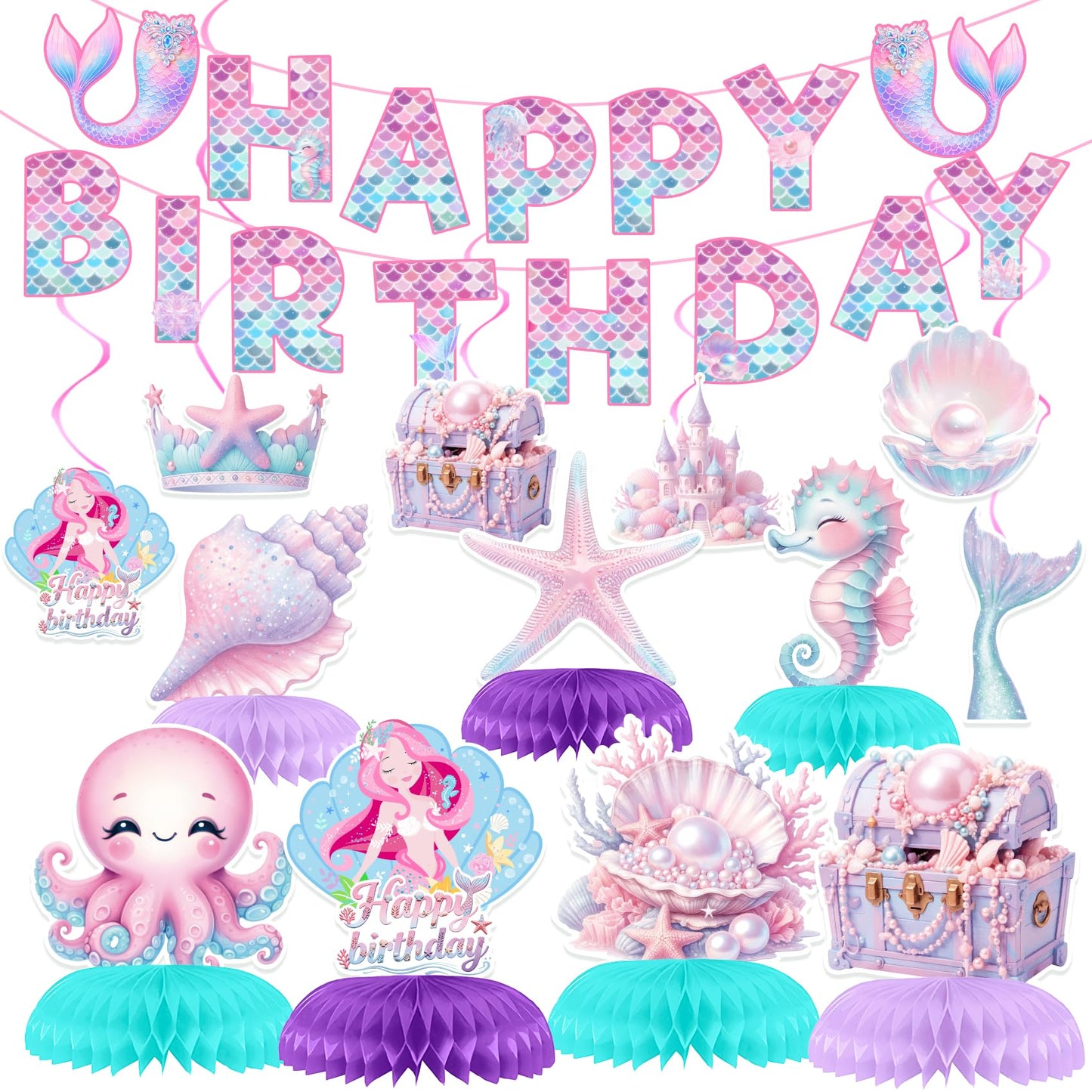 Mermaid Birthday Decorations Mermaid Birthday Party Supplies Banner Hanging Swirls Honeycomb Centerpiece for Girls Mermaid Party Decorations
