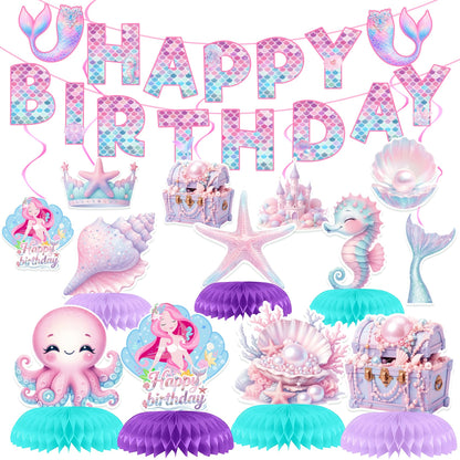 Mermaid Birthday Decorations Mermaid Birthday Party Supplies Banner Hanging Swirls Honeycomb Centerpiece for Girls Mermaid Party Decorations