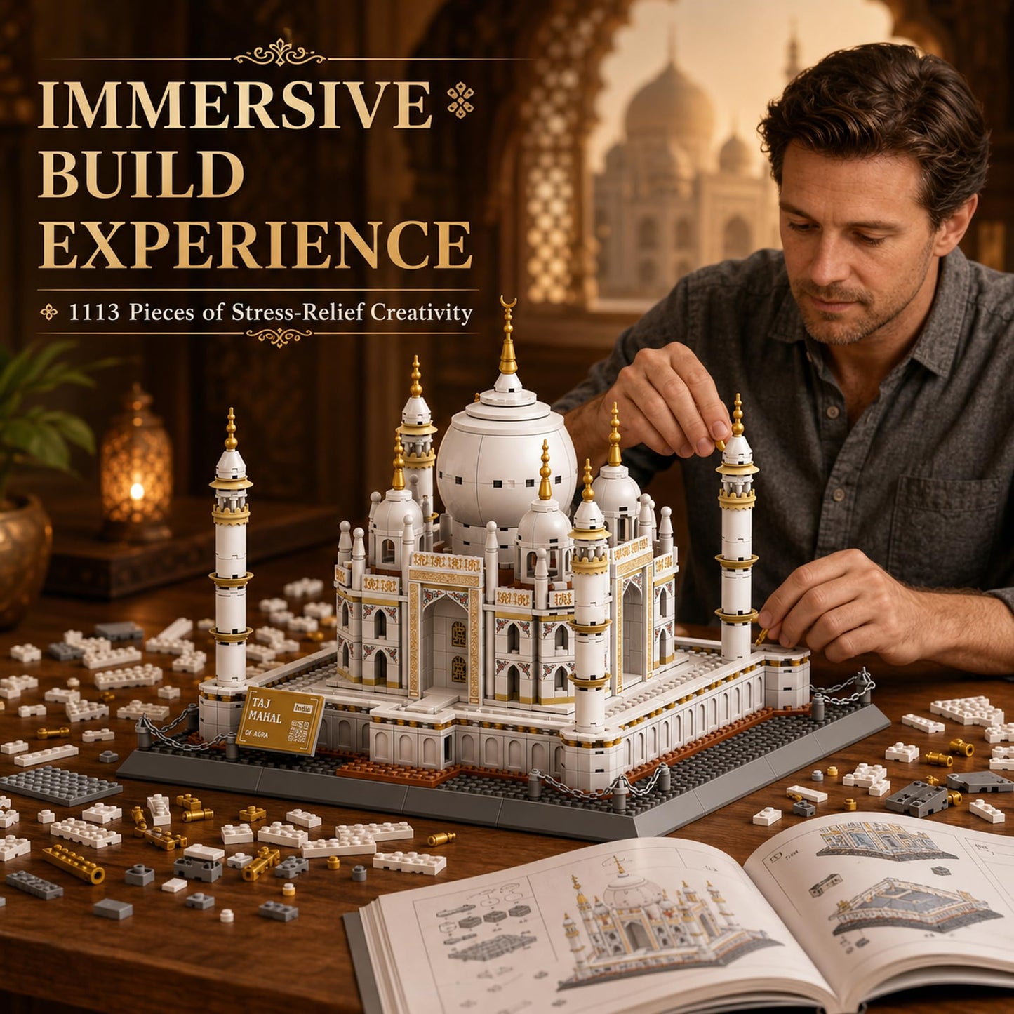 LQPFBSM Taj Mahal Building Block Set 1113 Pieces Large World Wonder Architecture Model India Landmark Souvenir with Golden Finials & Nameplate Gift