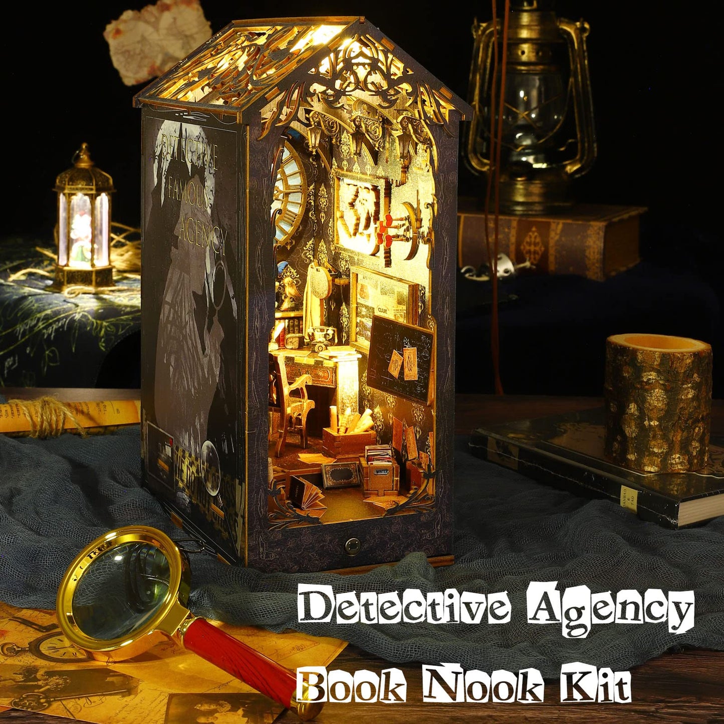 DIY Book Nook Kit, Book Nook Shelf Insert Kit Light Up Bookends,DIY Miniature Dollhouse Booknook Kits for Adults (Detective Agency)