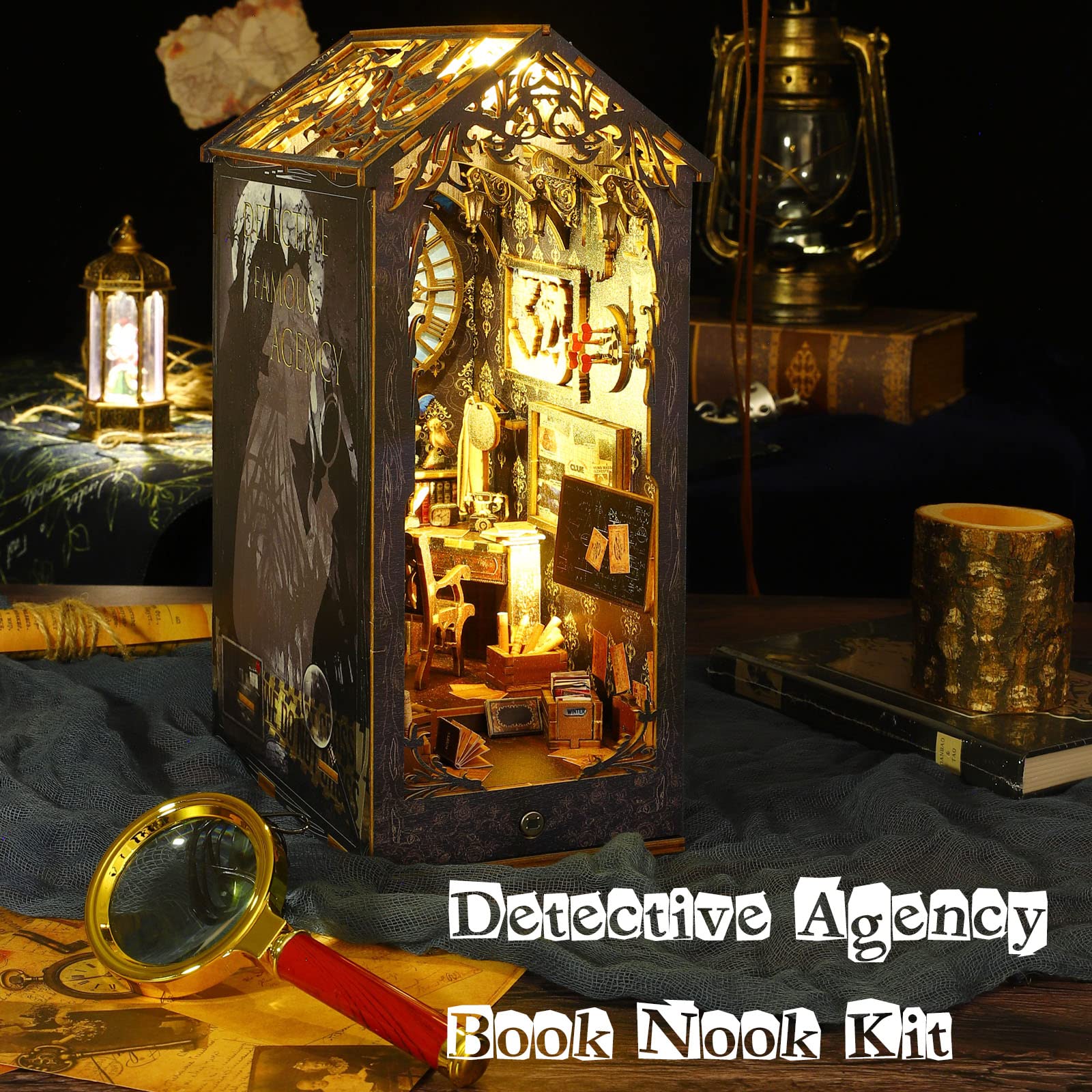 DIY Book Nook Kit, Book Nook Shelf Insert Kit Light Up Bookends,DIY Miniature Dollhouse Booknook Kits for Adults (Detective Agency)