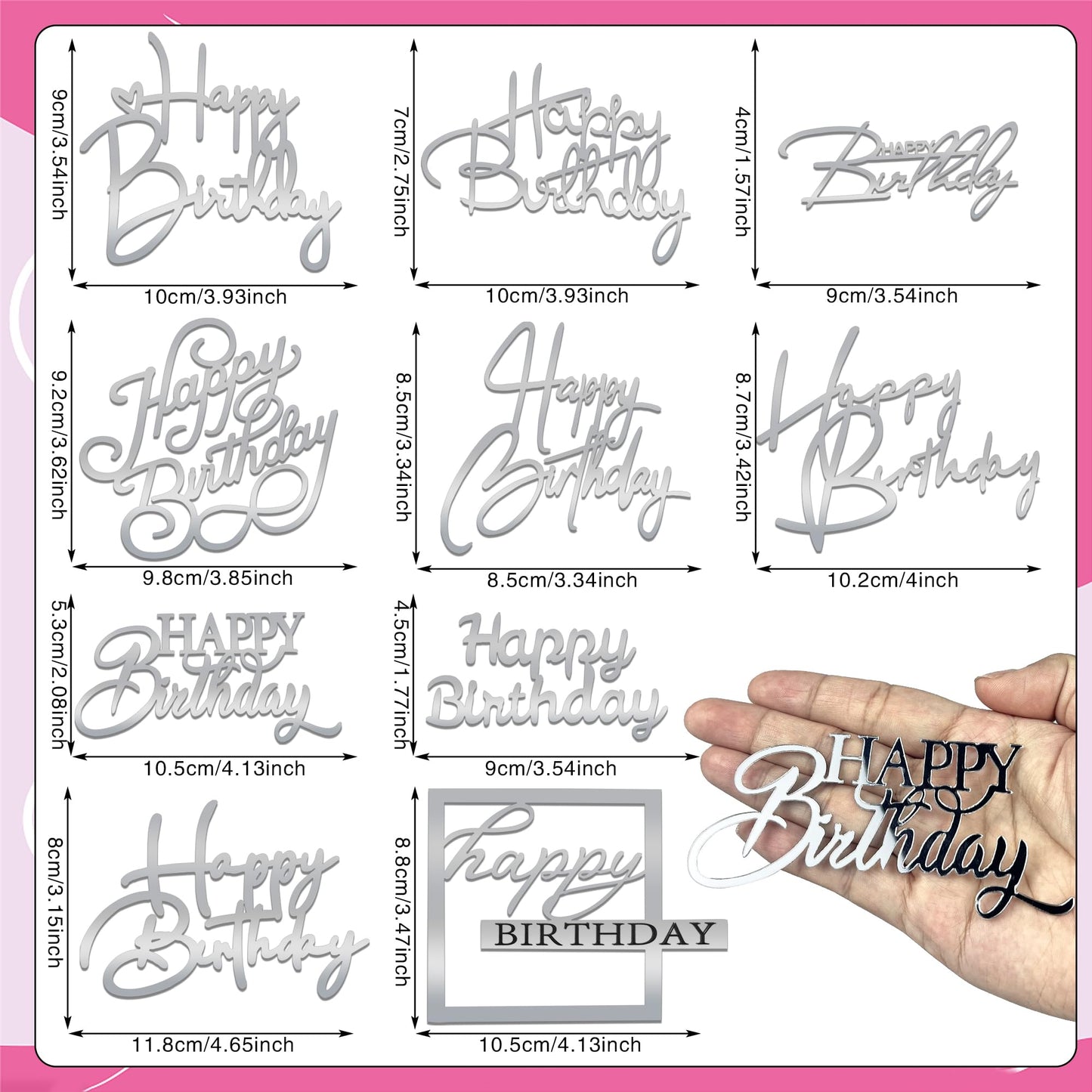 10 PCS Silver Happy Birthday Acrylic Cake Toppers Mirrored Side Cake Decorations Inserts 10 Styles (Silver)